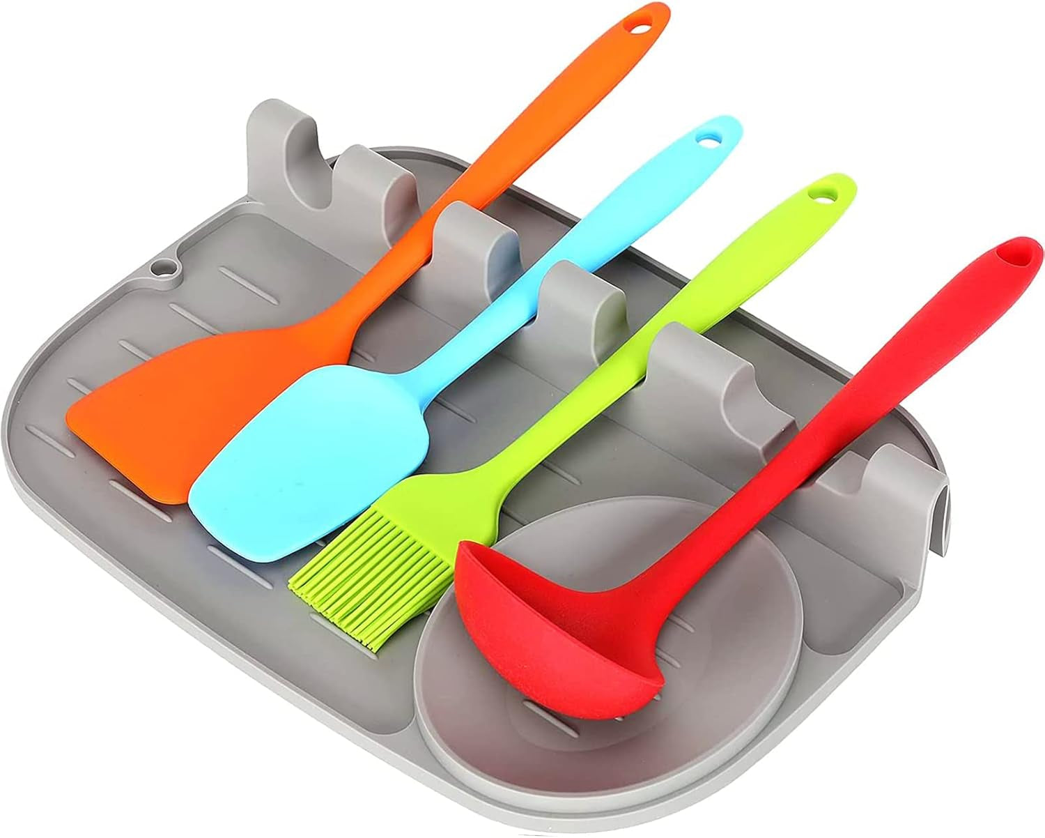 FUNAME 2 in 1 Silicone Spoon Rest, Multiple Utensil Rest W/Drip Pad 4 Slots & 1 Spoon Holder for Kitchen Counter Stove Top, Heat-Resistant Easy Clean Non-Slip for Spatulas, Ladles, Tongs & More (Gray)