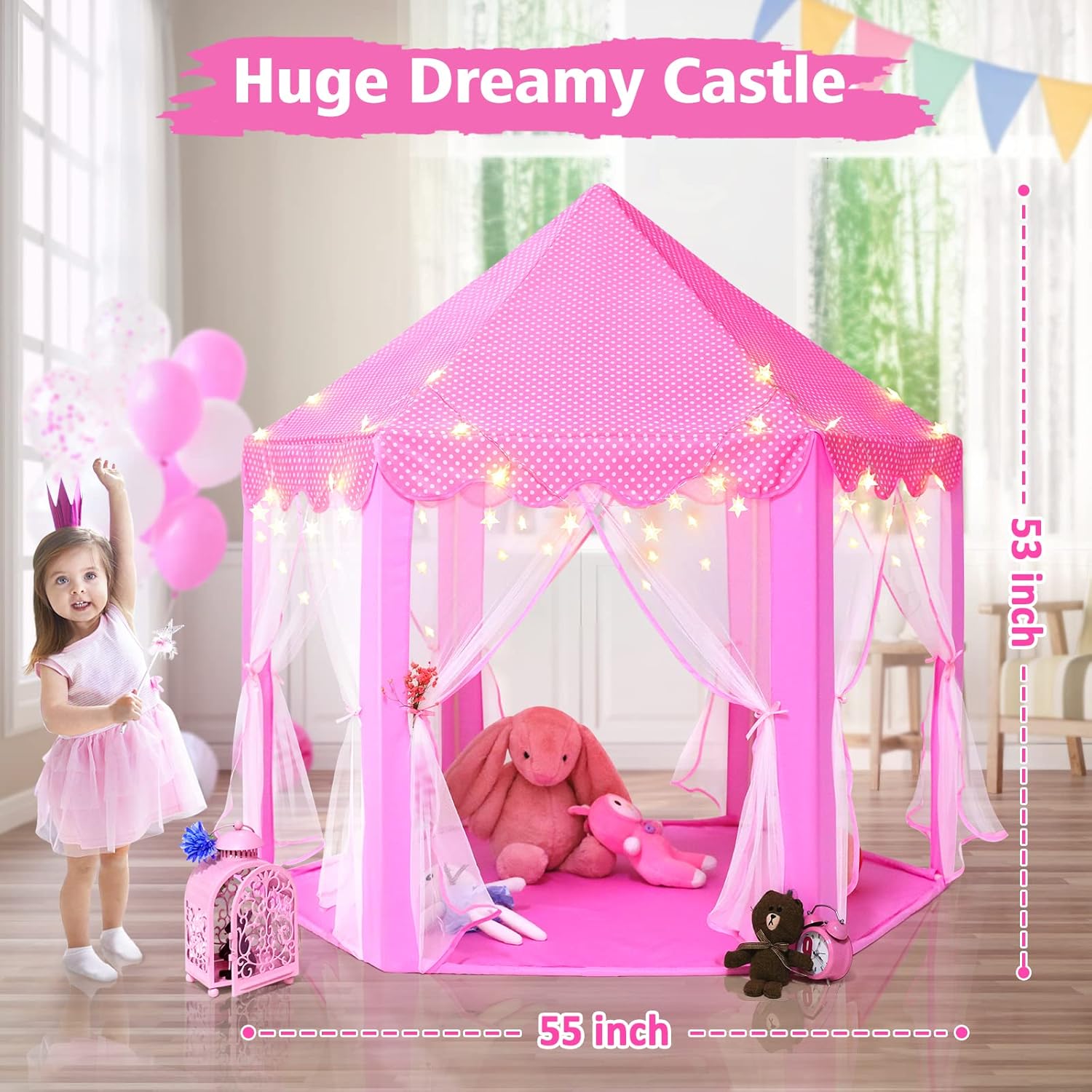 Princess Tent Girls Large Playhouse Kids Castle Play Tent with Star Lights Toy for Children Indoor and Outdoor Games, 55'' X 53'' (Dxh)