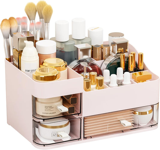 Make up Organizers and Storage for Counter,Big 3 Drawers Skincare Organizer and Storage,Plastic Cosmetic Organizer for Vanity Beauty Skin Care Holder and Dresser Drawer Organizers,Pink