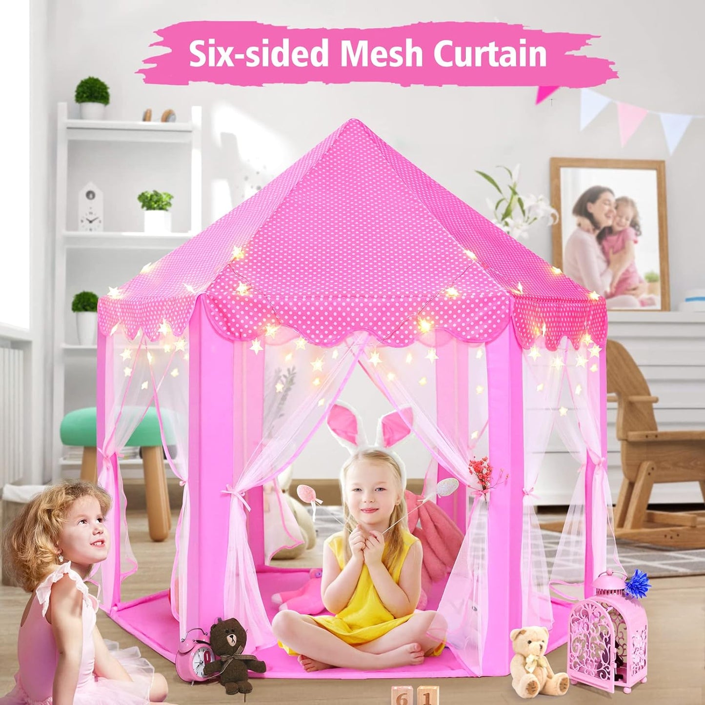 Princess Tent Girls Large Playhouse Kids Castle Play Tent with Star Lights Toy for Children Indoor and Outdoor Games, 55'' X 53'' (Dxh)