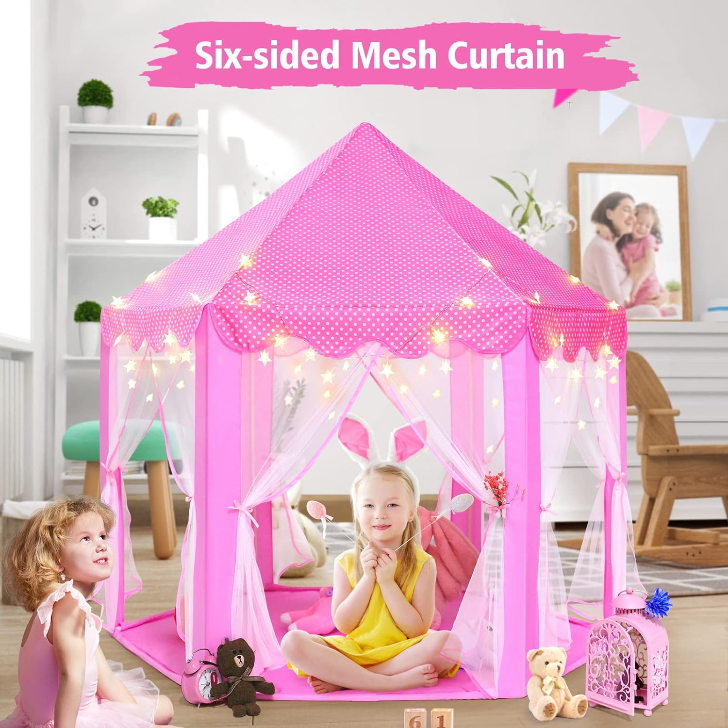 Princess Tent Girls Large Playhouse Kids Castle Play Tent with Star Lights Toy for Children Indoor and Outdoor Games, 55'' X 53'' (Dxh)