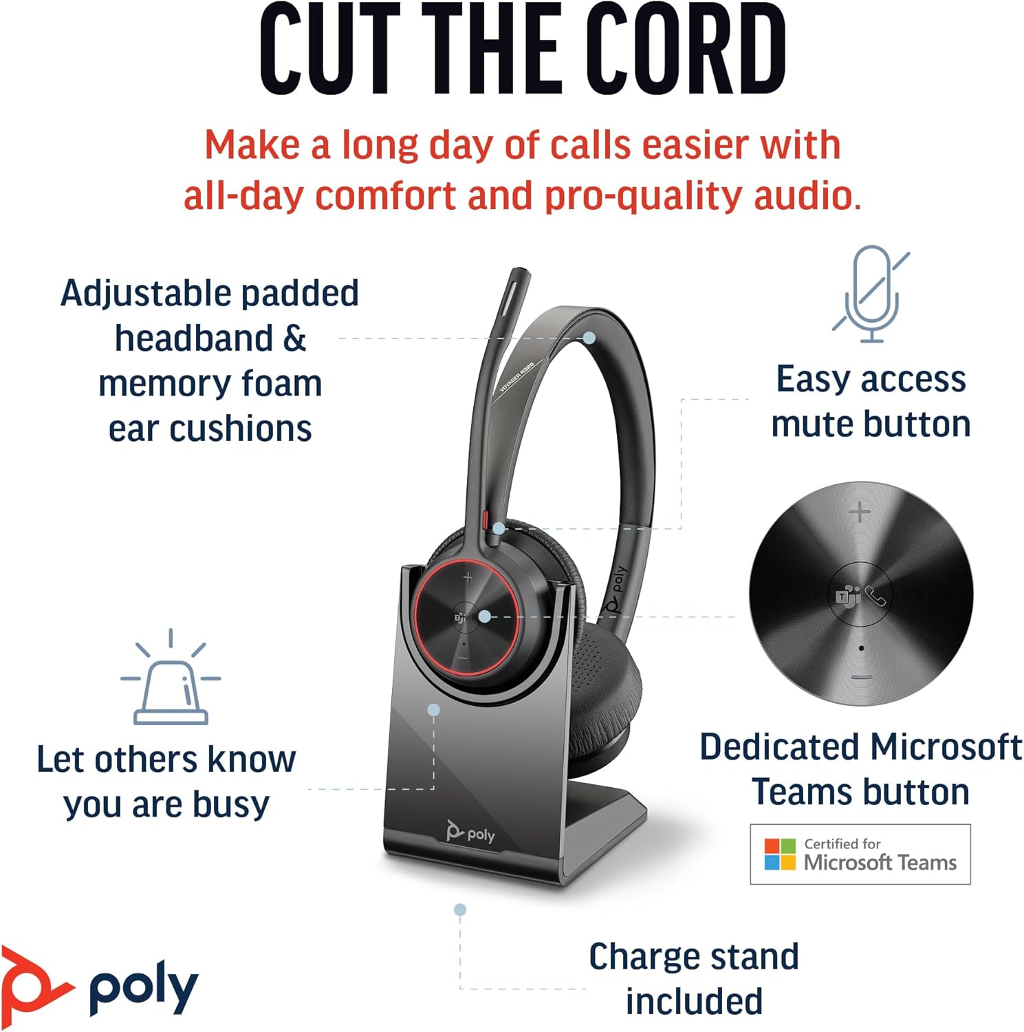 Voyager 4320 UC Wireless Headset & Charge Stand (Plantronics) - Stereo Headphones W/Noise-Canceling Boom Mic - Connect Pc/Mac/Mobile via Bluetooth-Works W/Teams (Certified), Zoom-Amazon Exclusive