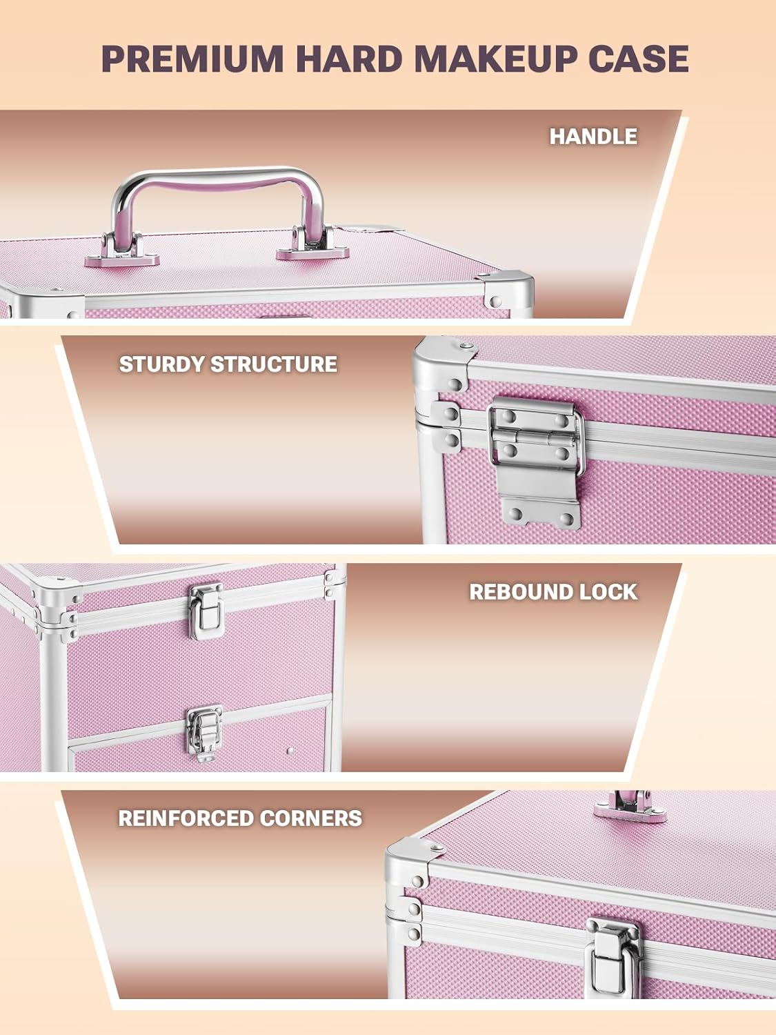 Makeup Box with Drawer and a Detachable Lighted Mirror, Waterproof Travel Train Case, Cosmetic Organizer and Makeup Suitcase with Adjustable Dividers, Magnetic LED Mirror (Icy Pink)