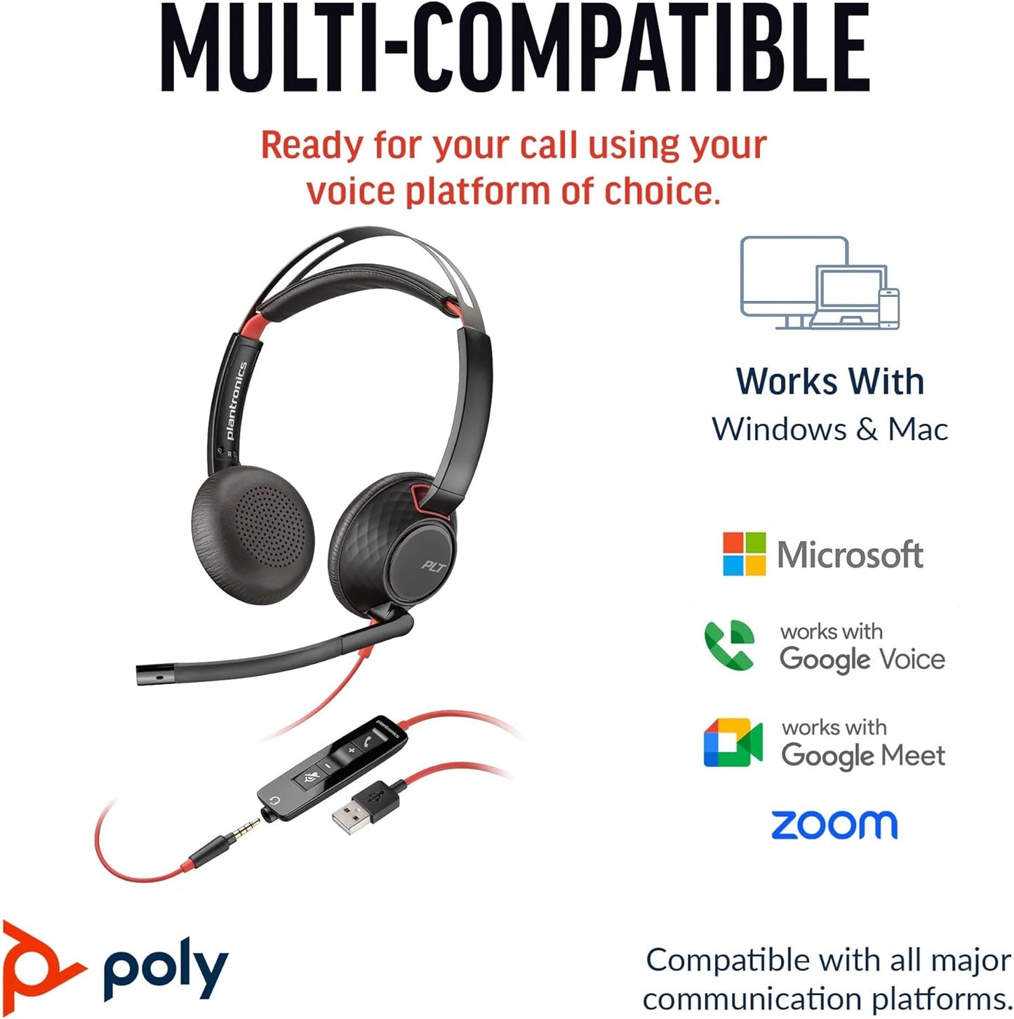 Poly Blackwire 5220 Stereo USB-C Headset + 3.5Mm Plug + USB-C/A Adapter