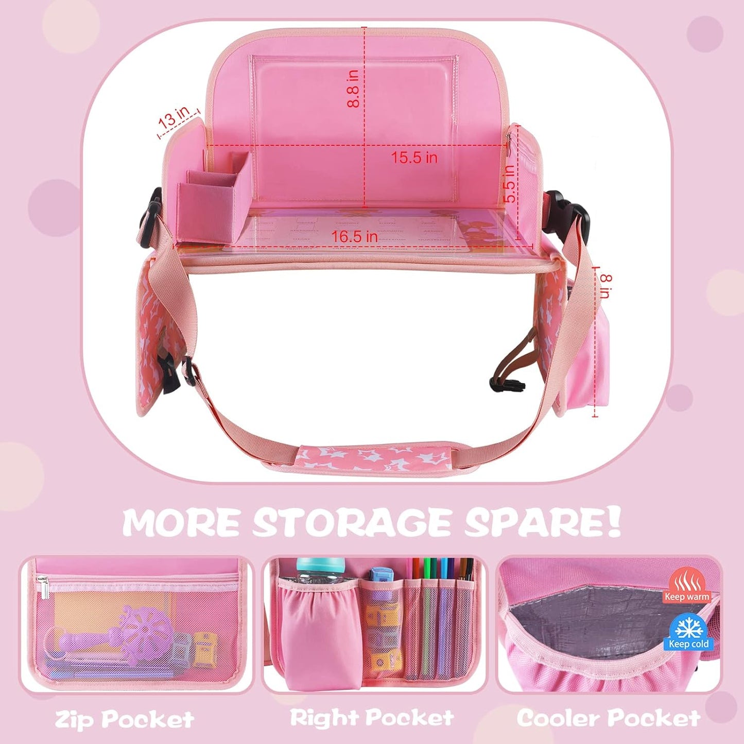 Kids Travel Tray for Toddler Car Seat, Lap Tray for Girl Activities with Dry Erase Board & Cooler Cup Holder, Road Trip Essentials Accessories with No-Drop Large Tablet Ipad Holder Stand,Pink