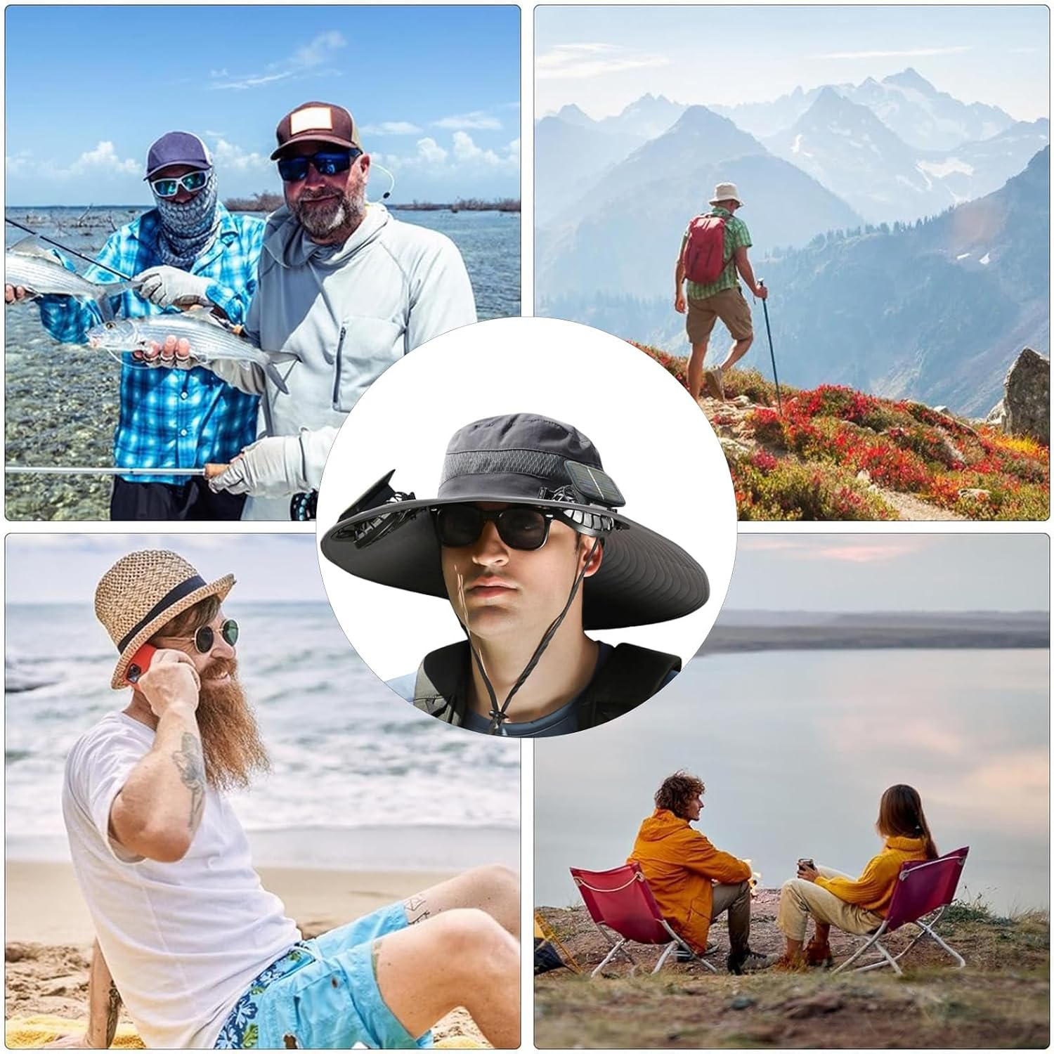 Wide Brim Solar Fan Outdoor Fishing Hat,Men Sun Hat with 2 Solar Fan Fishing Hats
