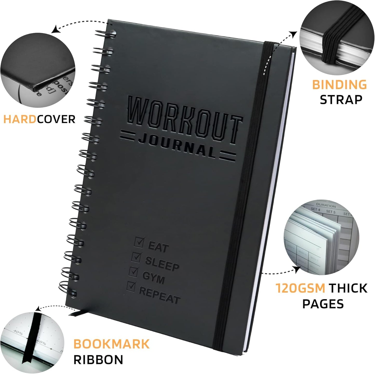 Hardcover Fitness Journal Workout Planner for Men & Women - A5(5.7" X 8.3") Sturdy Workout Log Book to Track Gym & Home Workouts