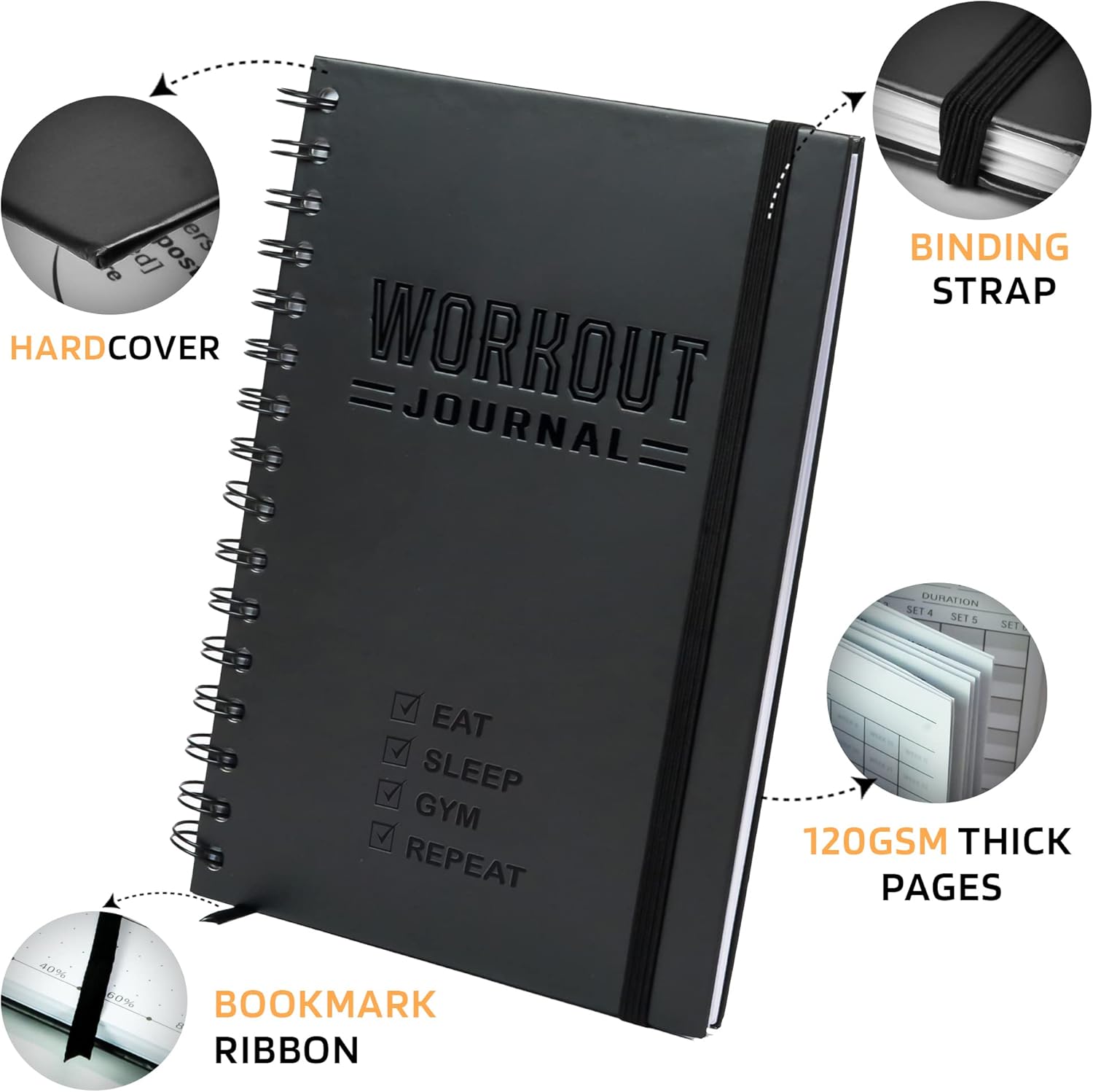 Hardcover Fitness Journal Workout Planner for Men & Women - A5(5.7" X 8.3") Sturdy Workout Log Book to Track Gym & Home Workouts