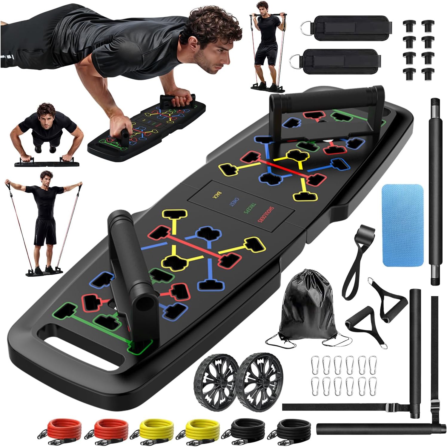 Push up Board,Home Gym,Portable Exercise Equipment,Pilates Bar and 20 Fitness Accessories with Resistance Bands and Ab Roller Wheel,Full Body Workout at Home