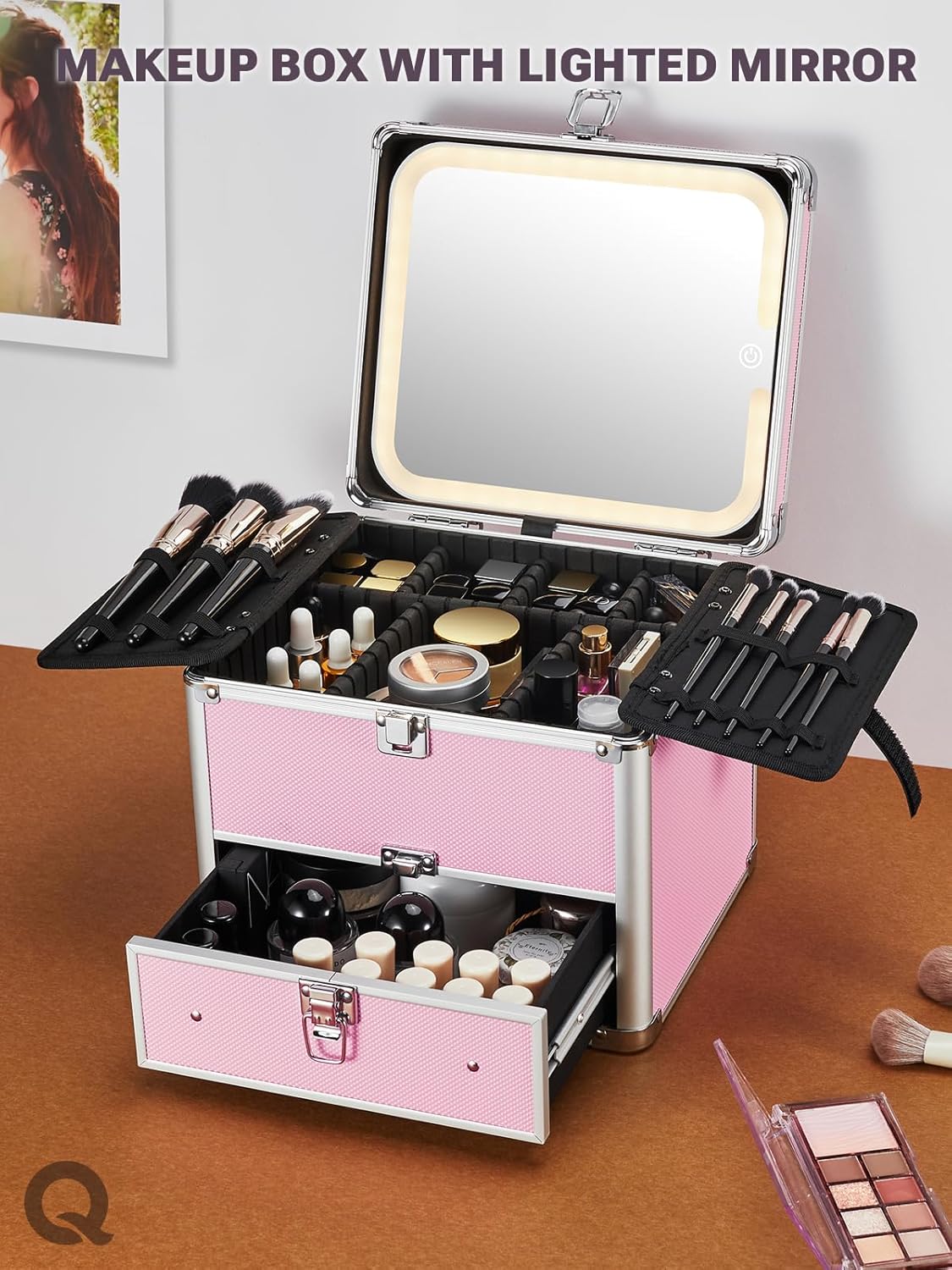 Makeup Box with Drawer and a Detachable Lighted Mirror, Waterproof Travel Train Case, Cosmetic Organizer and Makeup Suitcase with Adjustable Dividers, Magnetic LED Mirror (Icy Pink)