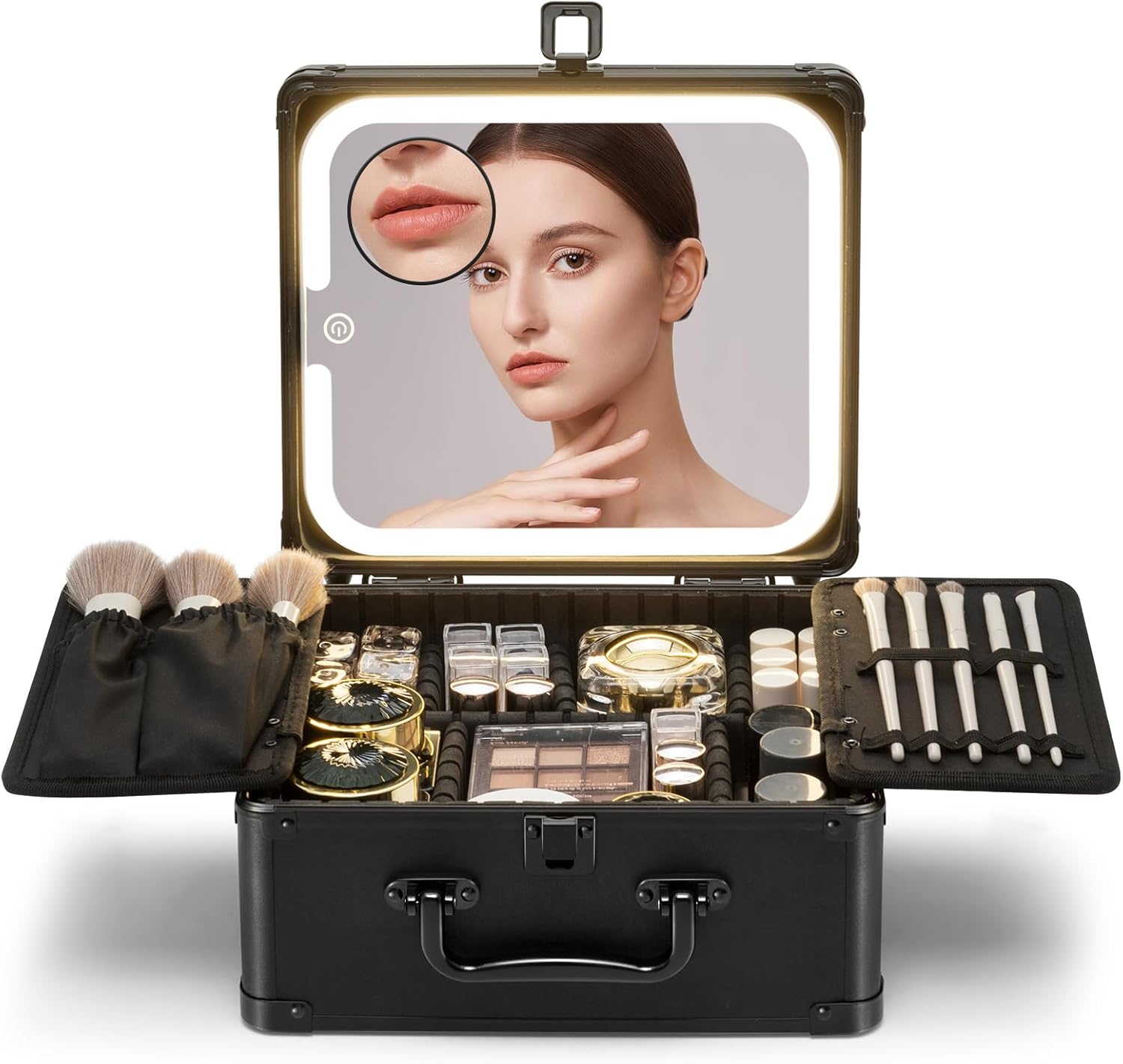 Makeup Box with Detachable Lighted Mirror–Travel Train Case, Cosmetic/Storage Organizer & Makeup Suitcase with Adjustable Dividers & Magnetic LED Mirror (Black)