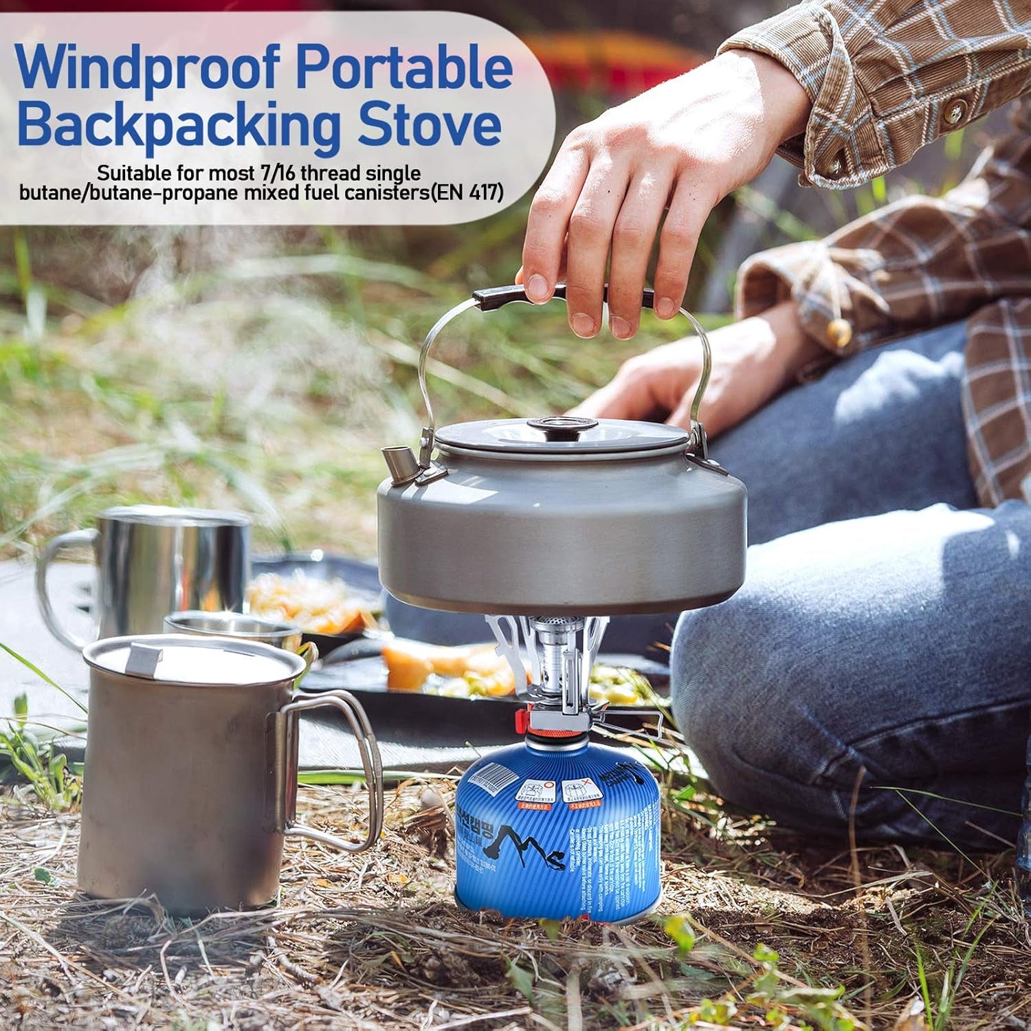 Camping Stove Travel Stove Windproof Backpacking Stove with Piezo Ignition Portable Fuel Burner for Outdoor Camping Hiking Cooking (2 Pieces)