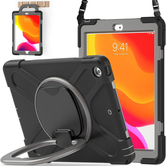 for Ipad 9Th/ 8Th/ 7Th Generation Case (Ipad 10.2 Inch Rugged Case 2021/2020/2019) with Screen Protector, Rotating Stand/Pencil Holder/Carrying Shoulder Strap (Black+Grey)