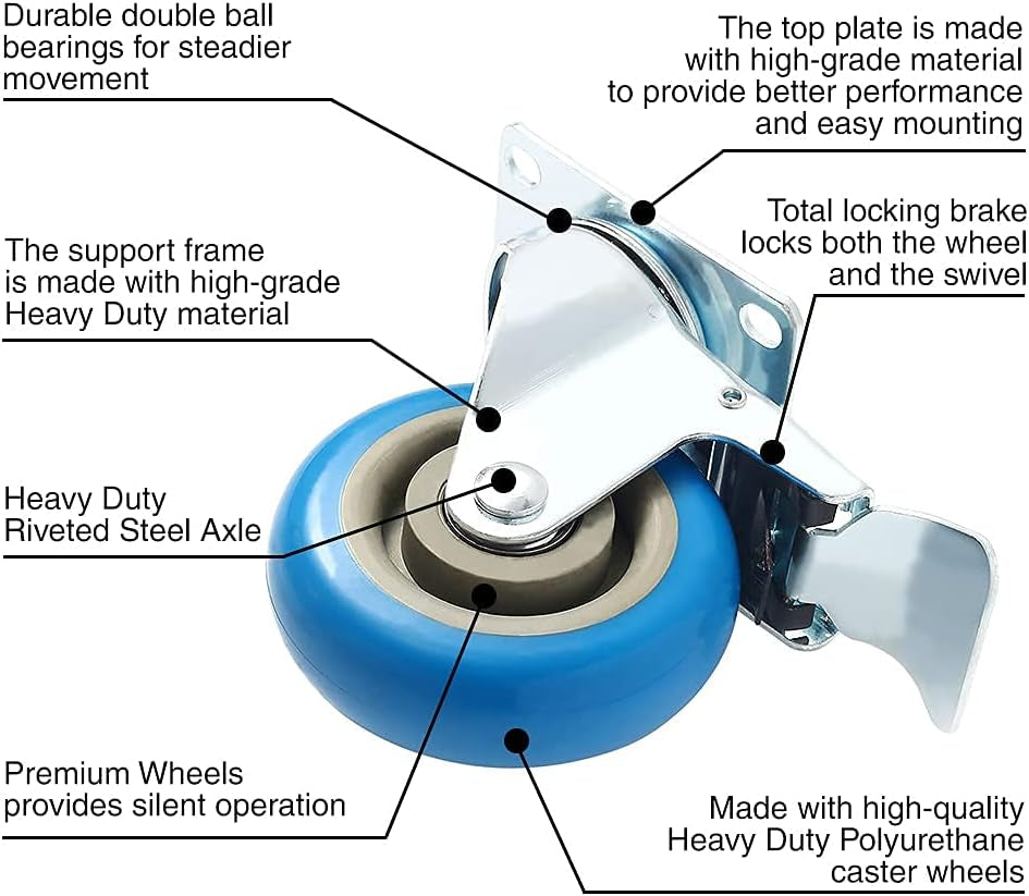 8 Pack 4 Inch Combo Caster Swivel Plate 4 W/Brake & 4 Plate Heavy Duty on Blue PU Wheels with Heavy Duty Screws