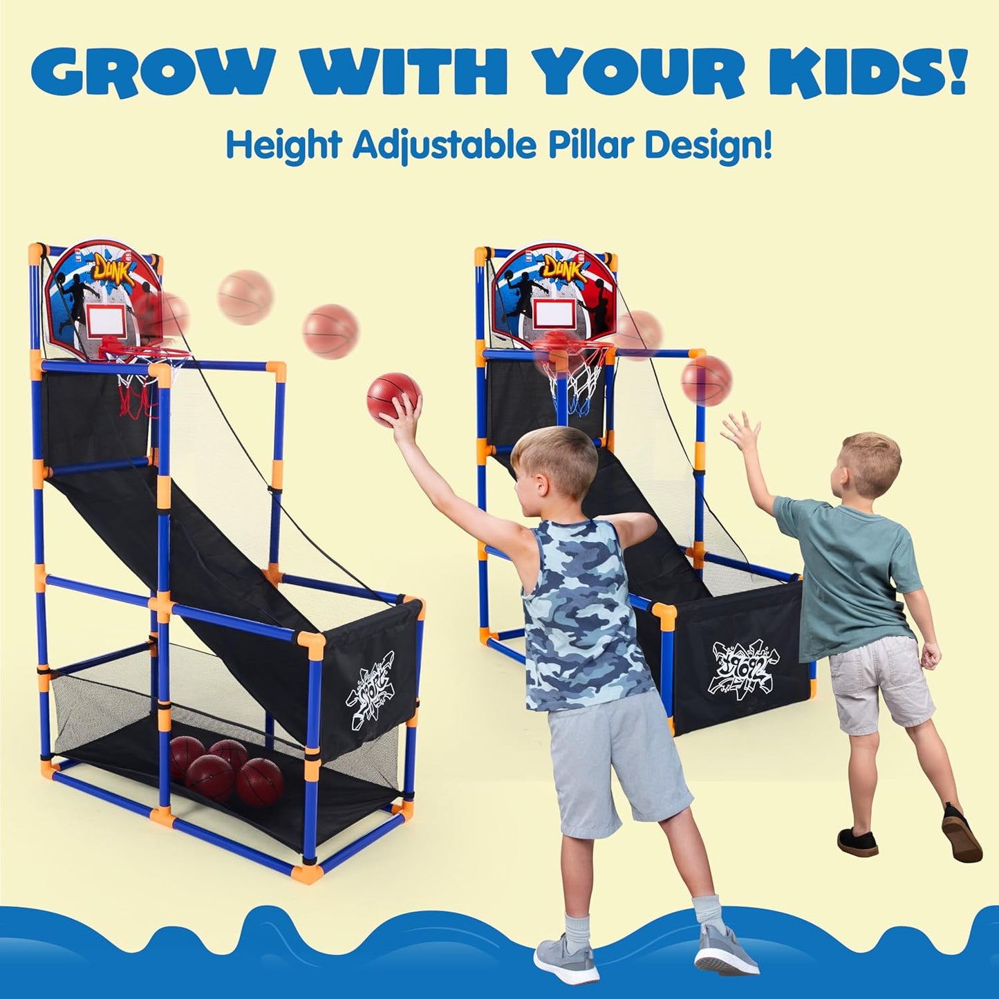 Arcade Basketball Game Set with 4 Balls and Hoop for Kids 3 to 12 Years Old Indoor Outdoor Sport Play - Easy Set up - Air Pump Included - Ideal for Competition
