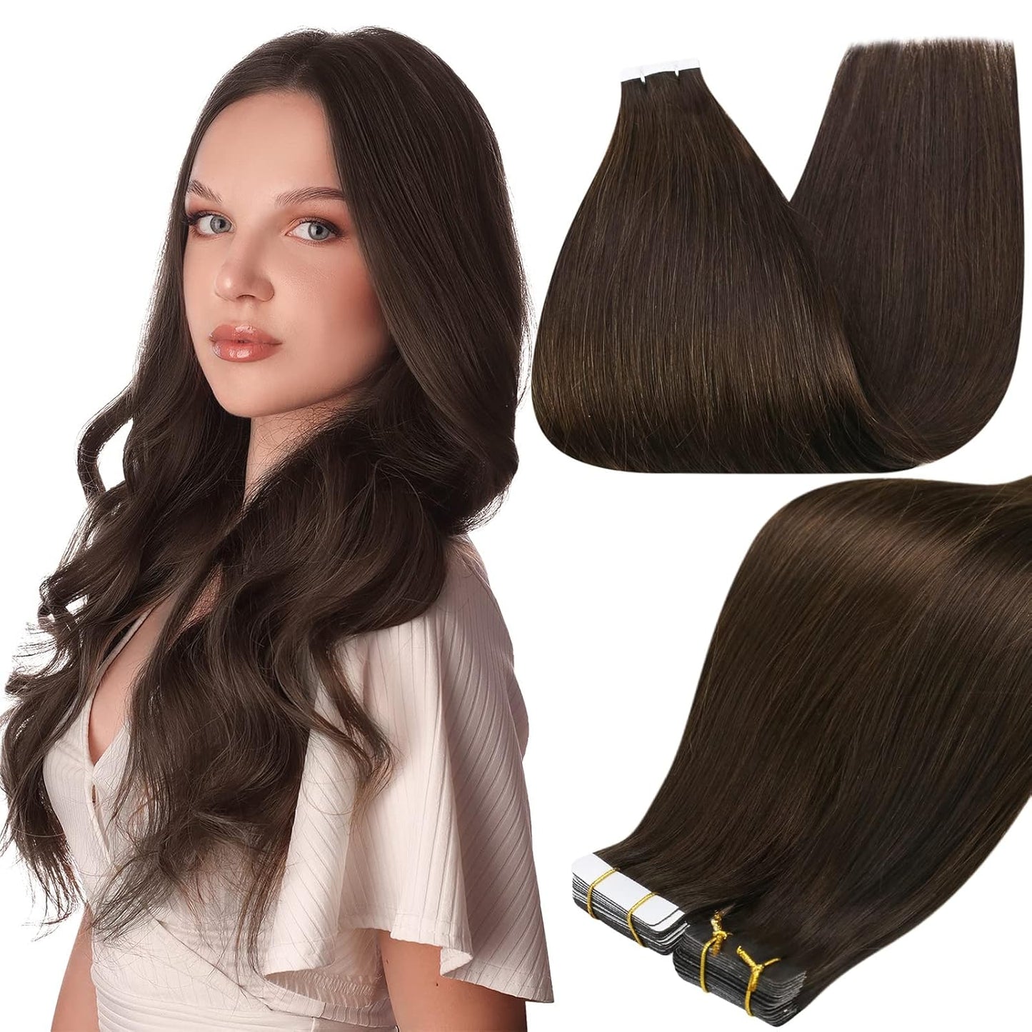 Tape in Hair Extensions Human Hair Darkest Brown 24 Inch Seamless Tape in Extensions Brazilian Remy Hair Skin Weft Hair 20 Pieces 50 Grams Color 2 Glue Human Hair Extensions for Wedding