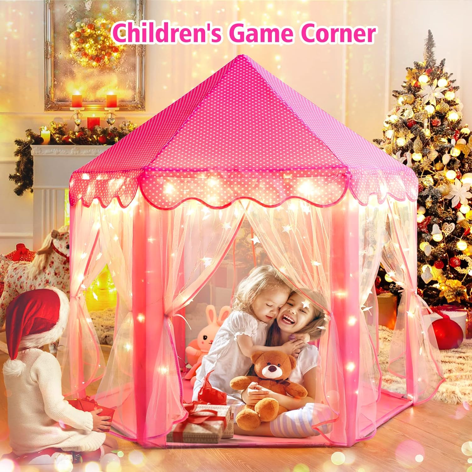 Princess Tent Girls Large Playhouse Kids Castle Play Tent with Star Lights Toy for Children Indoor and Outdoor Games, 55'' X 53'' (Dxh)