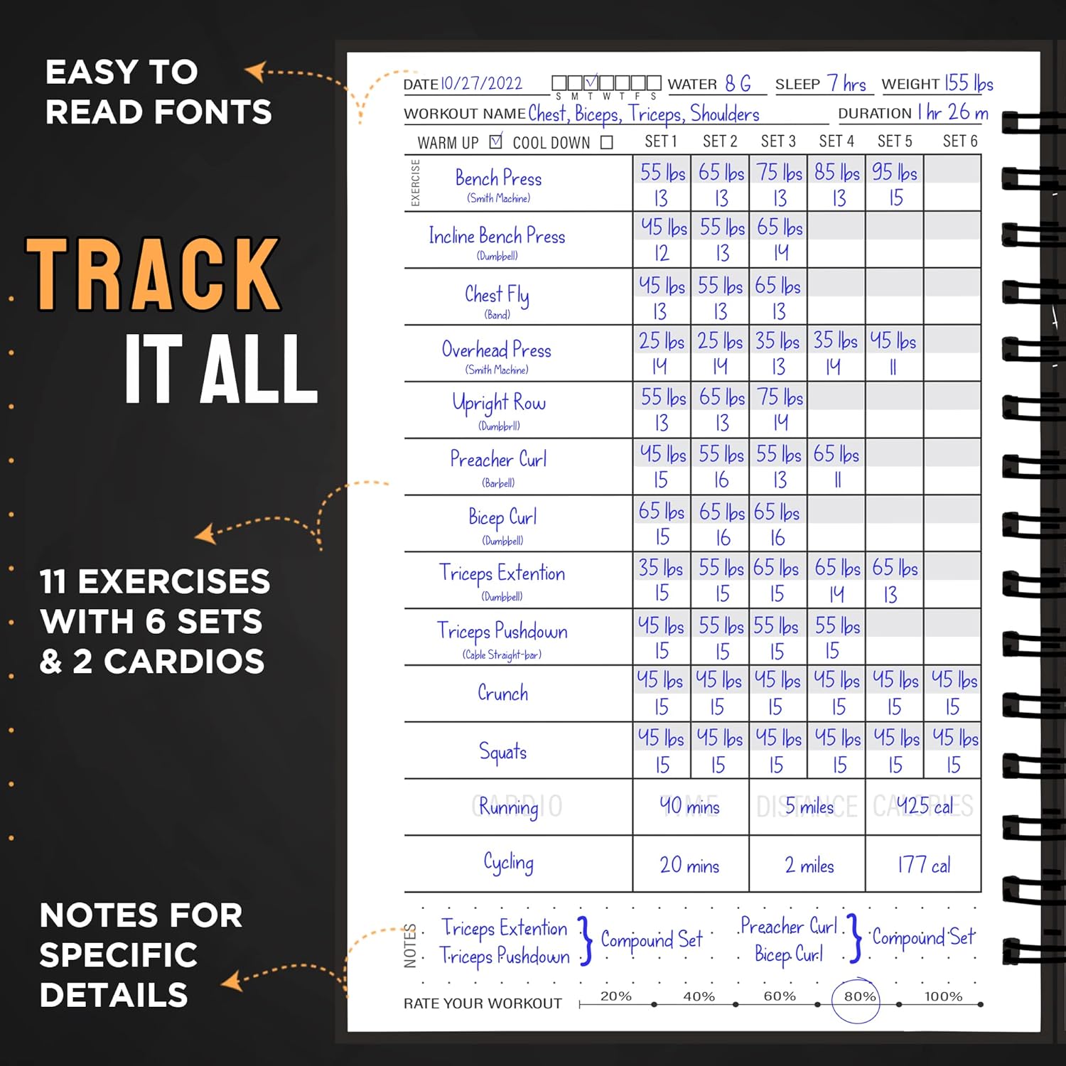 Hardcover Fitness Journal Workout Planner for Men & Women - A5(5.7" X 8.3") Sturdy Workout Log Book to Track Gym & Home Workouts