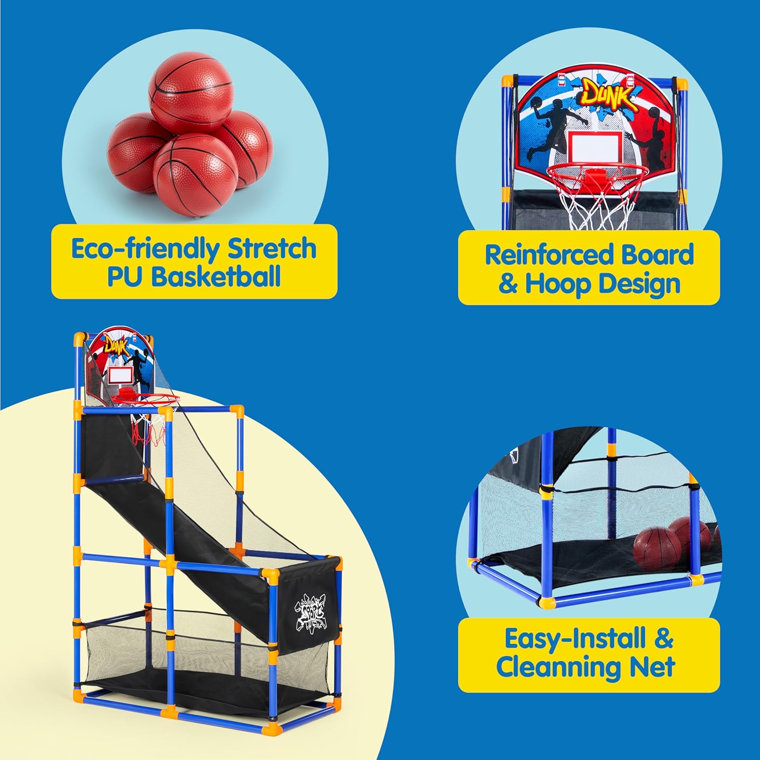 Arcade Basketball Game Set with 4 Balls and Hoop for Kids 3 to 12 Years Old Indoor Outdoor Sport Play - Easy Set up - Air Pump Included - Ideal for Competition