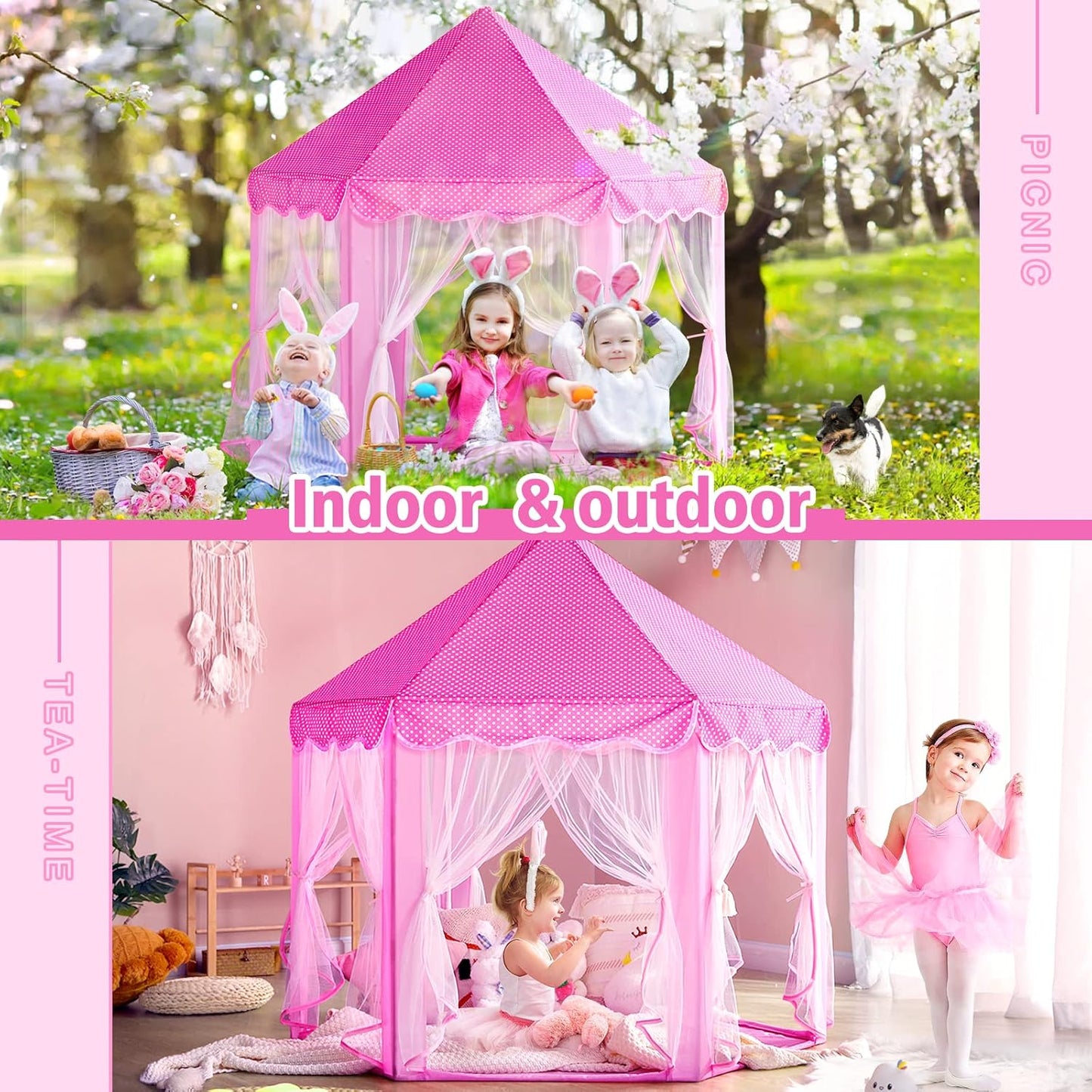 Princess Tent Girls Large Playhouse Kids Castle Play Tent with Star Lights Toy for Children Indoor and Outdoor Games, 55'' X 53'' (Dxh)