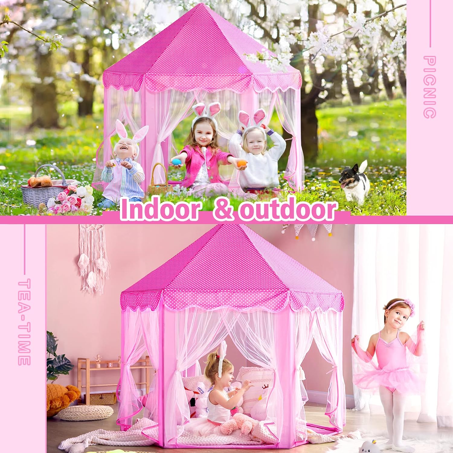 Princess Tent Girls Large Playhouse Kids Castle Play Tent with Star Lights Toy for Children Indoor and Outdoor Games, 55'' X 53'' (Dxh)
