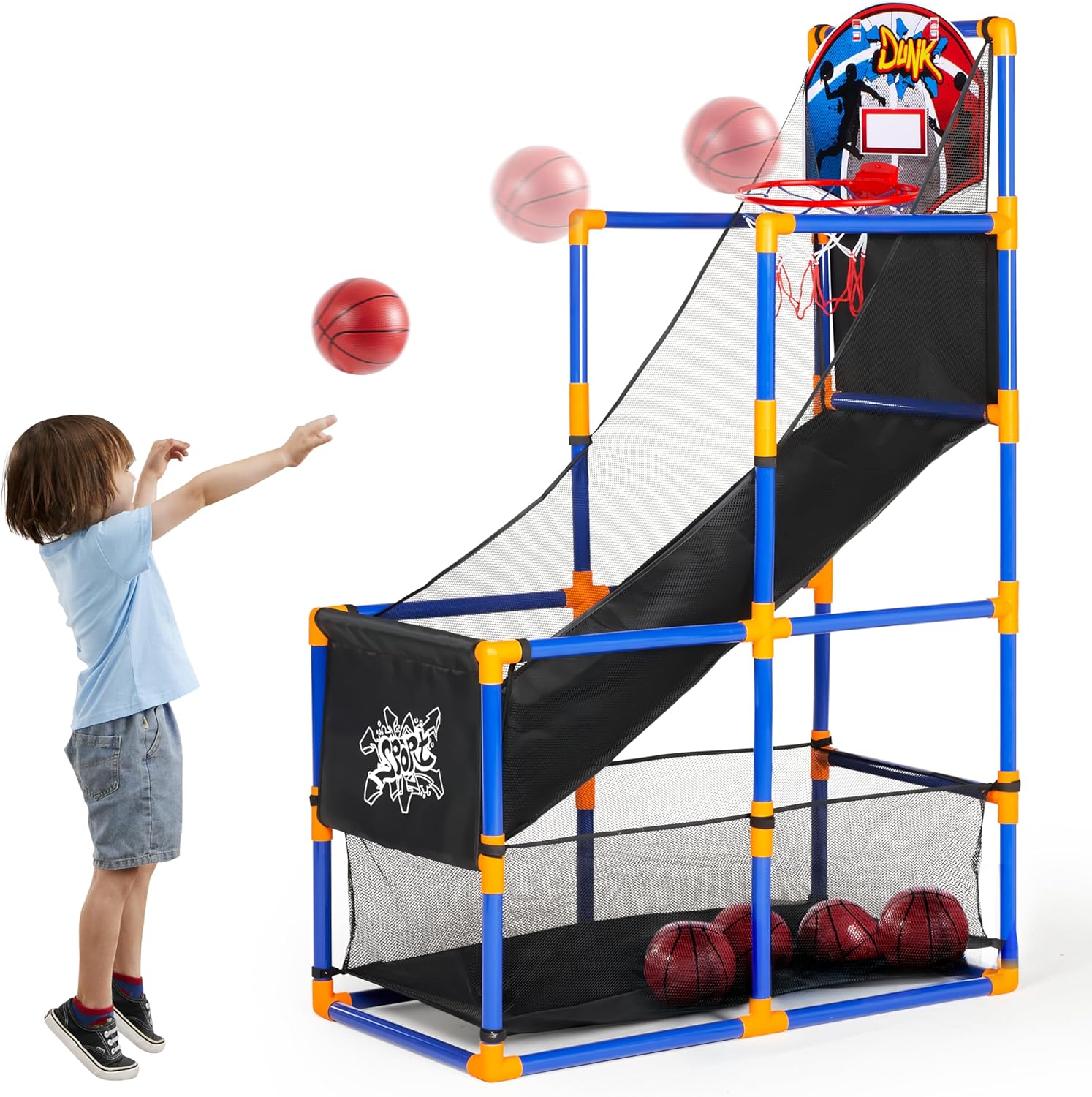 Arcade Basketball Game Set with 4 Balls and Hoop for Kids 3 to 12 Years Old Indoor Outdoor Sport Play - Easy Set up - Air Pump Included - Ideal for Competition
