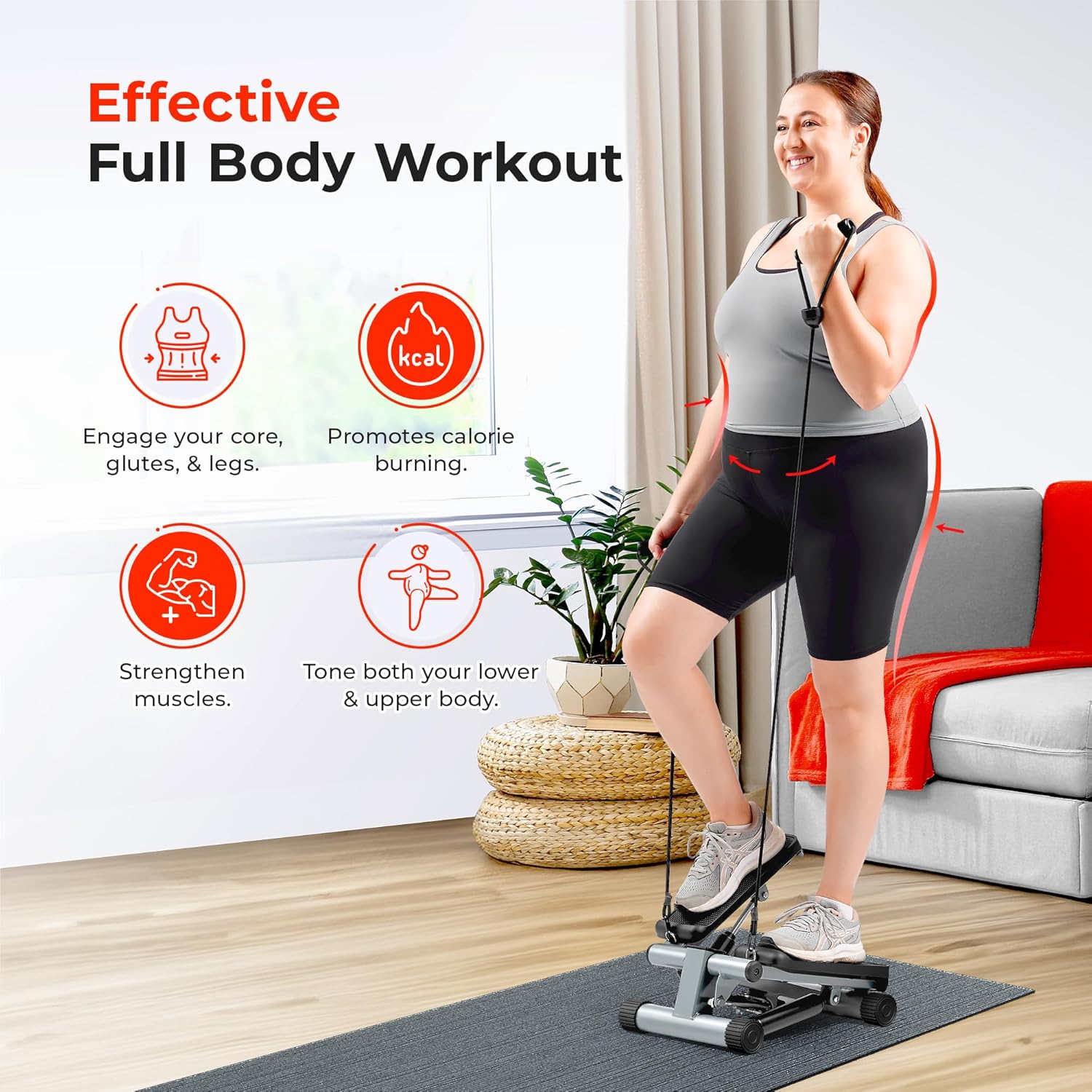 Mini Stepper for Exercise at Home, Stair Step Workout Machine with Resistance Band, Fullbody Cardio, Upgraded over 300Lb Weight Capacity, Optional Free Sunnyfit App Connection