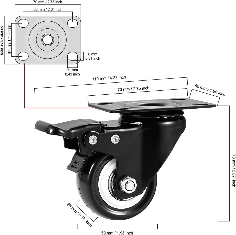 Caster Wheels, 2 Inch Casters, Casters Set of 4 Heavy Duty -  Locking Casters, Swivel Casters with Brake (Top Plate), Non Marking Black Castor Wheels for Cart Furniture Workbench
