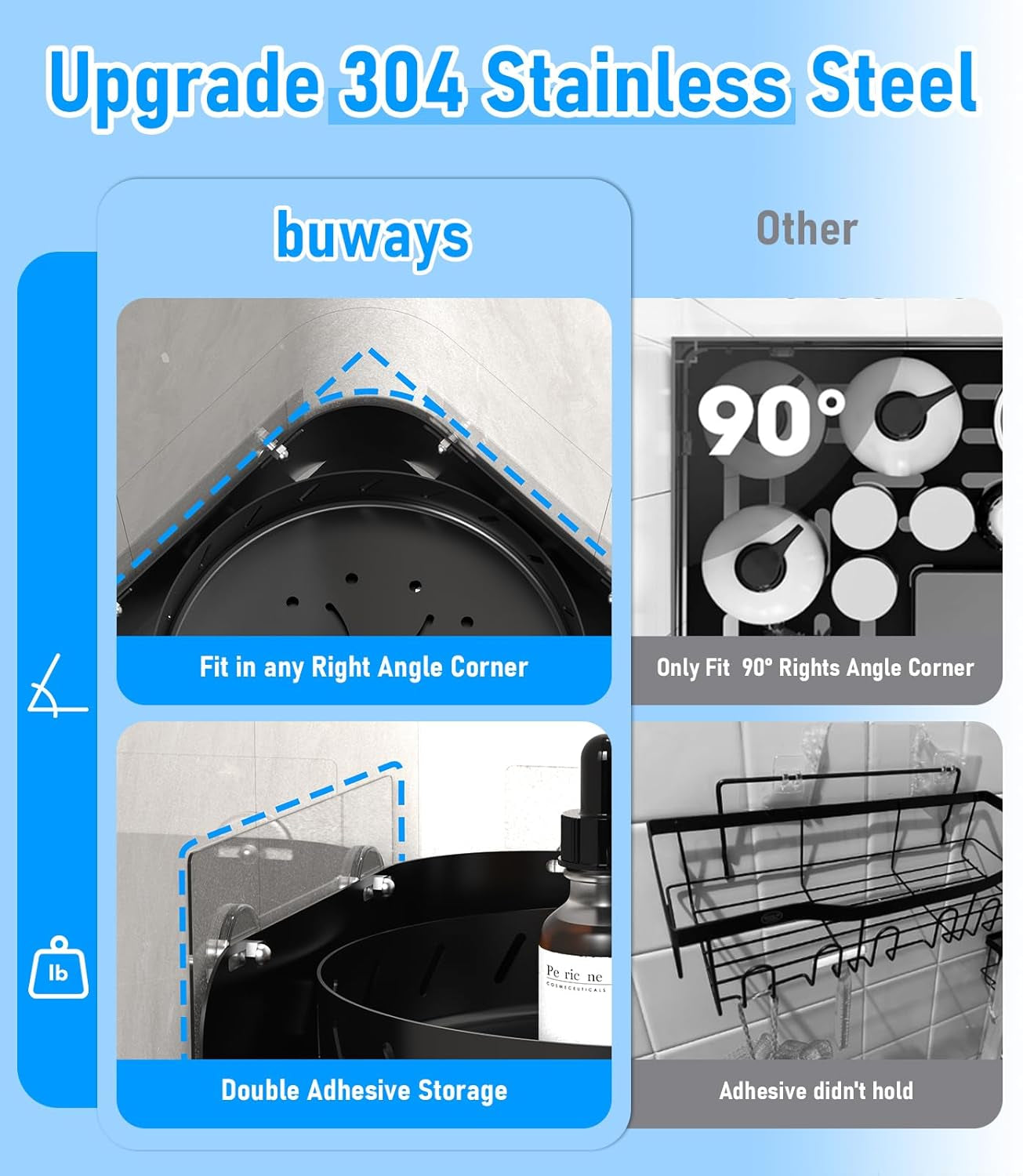 360°Rotating Corner Shower Caddy Shelf with 6 Hooks,2Pack Bathroom Lazy Susan Shower Organizer Corner with 5Pcs Adhesive,Stainless Steel Shower Racks for inside Shower for Home Apartment Decor(Black）