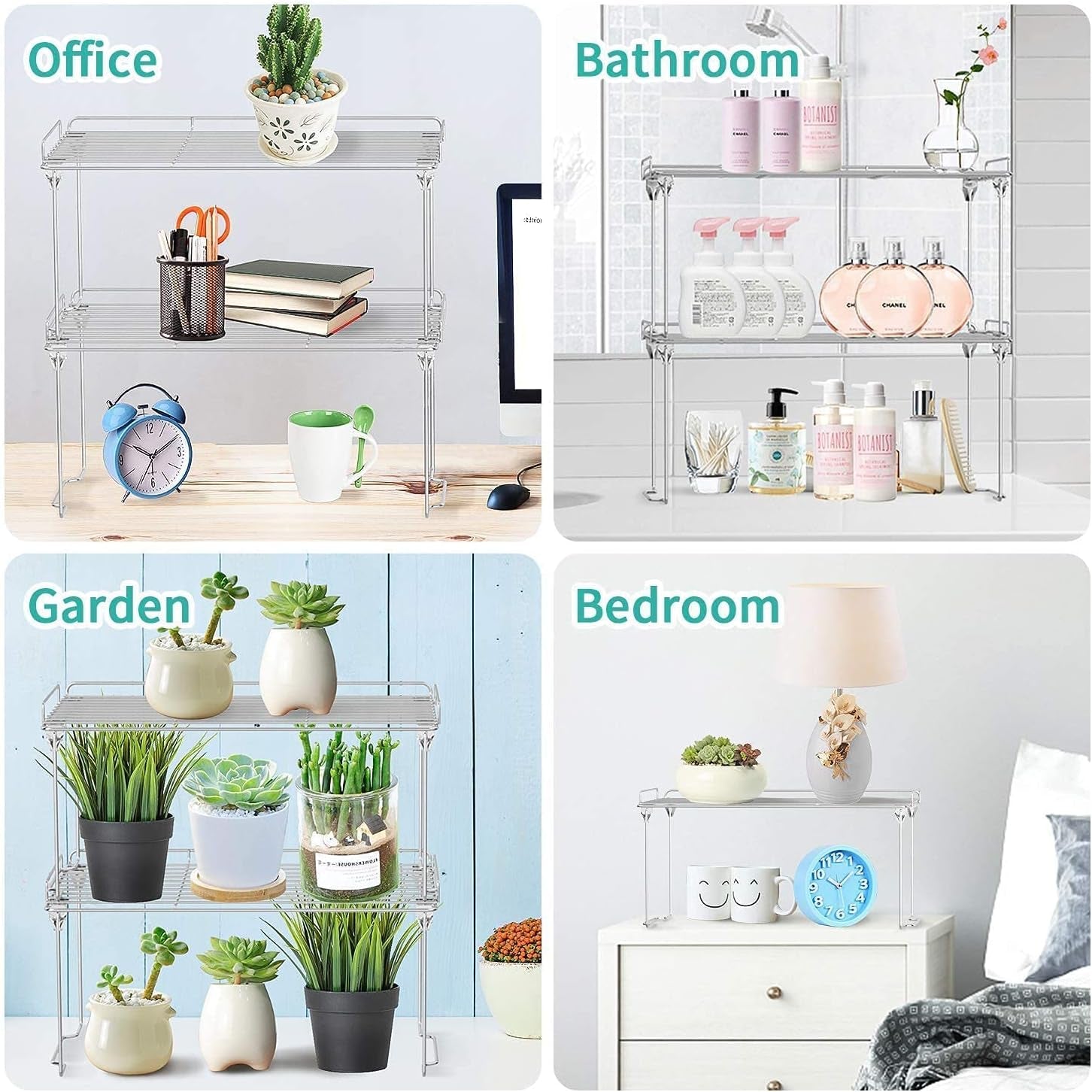 Spice Shelf Organizer for Cabinet, Safety Guardrail Stackable Shelves Kitchen Cabinet Organizers,Stainless Steel Spice Rack Cabinet Shelf Organizers for Kicthen,Storage Room-Sliver (2 Pack)
