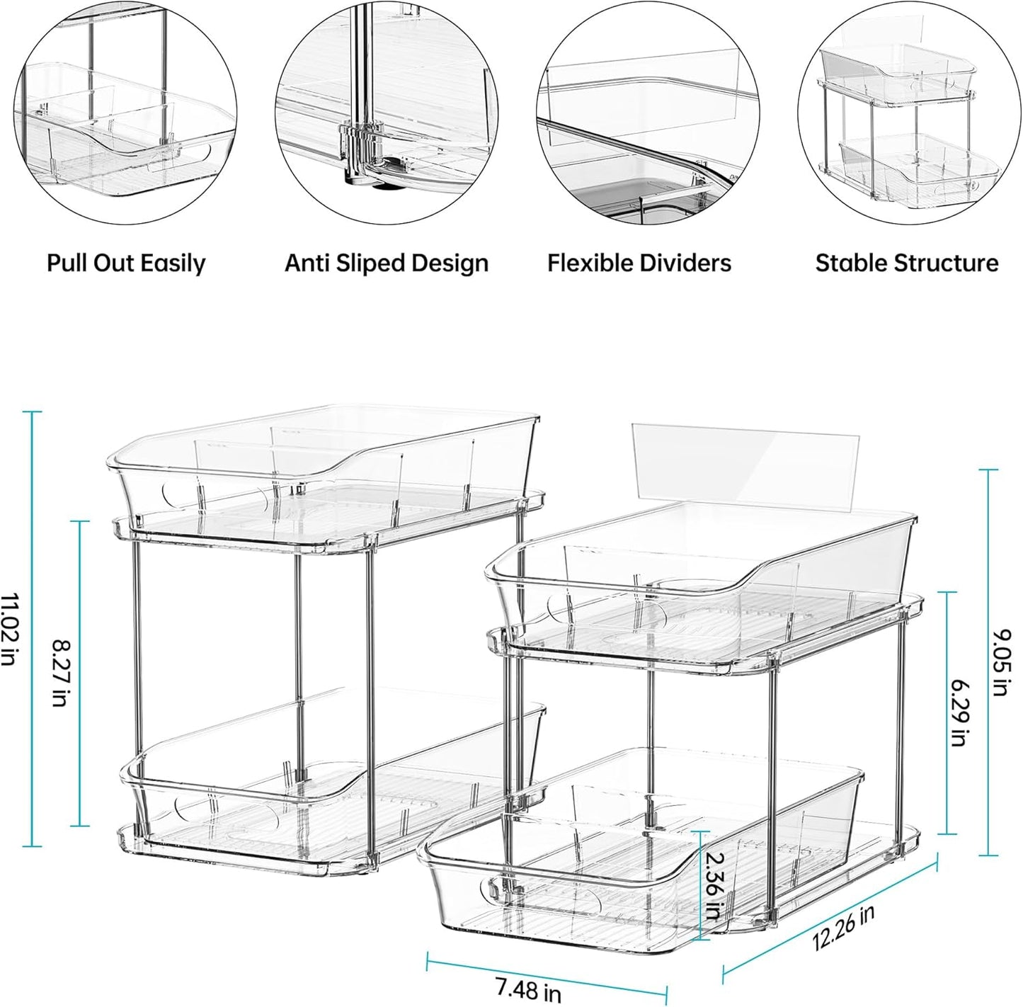 2 Sets of 2-Tier Clear under Sink Organizers and Storage, Multi-Purpose Stackable Bathroom Cabinet Organizers, Pull Out Kitchen Pantry Organization and Storage with Dividers
