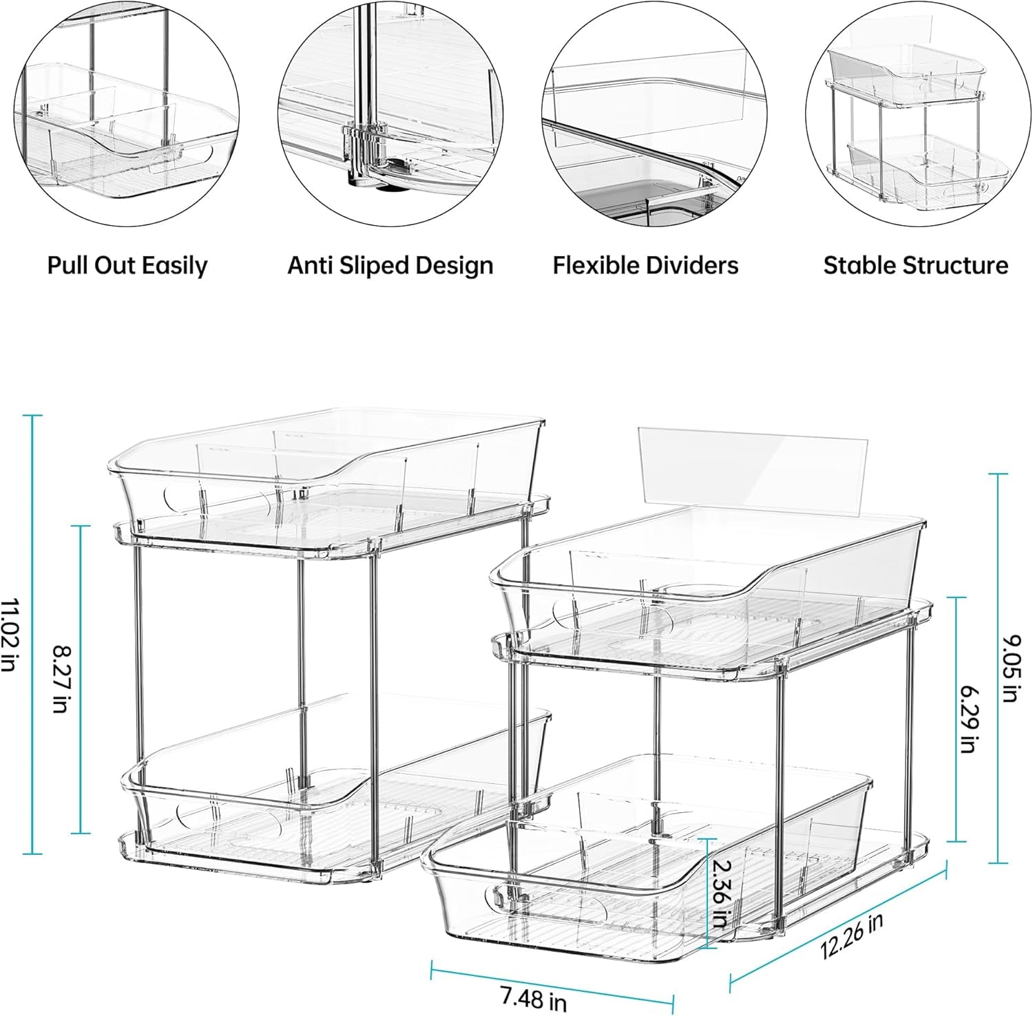 2 Sets of 2-Tier Clear under Sink Organizers and Storage, Multi-Purpose Stackable Bathroom Cabinet Organizers, Pull Out Kitchen Pantry Organization and Storage with Dividers