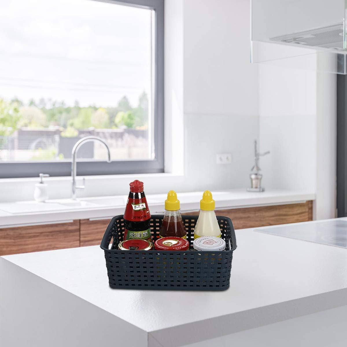 Plastic Weave Storage Baskets for Kitchen Bathroom, Navy Blue, 6 Packs