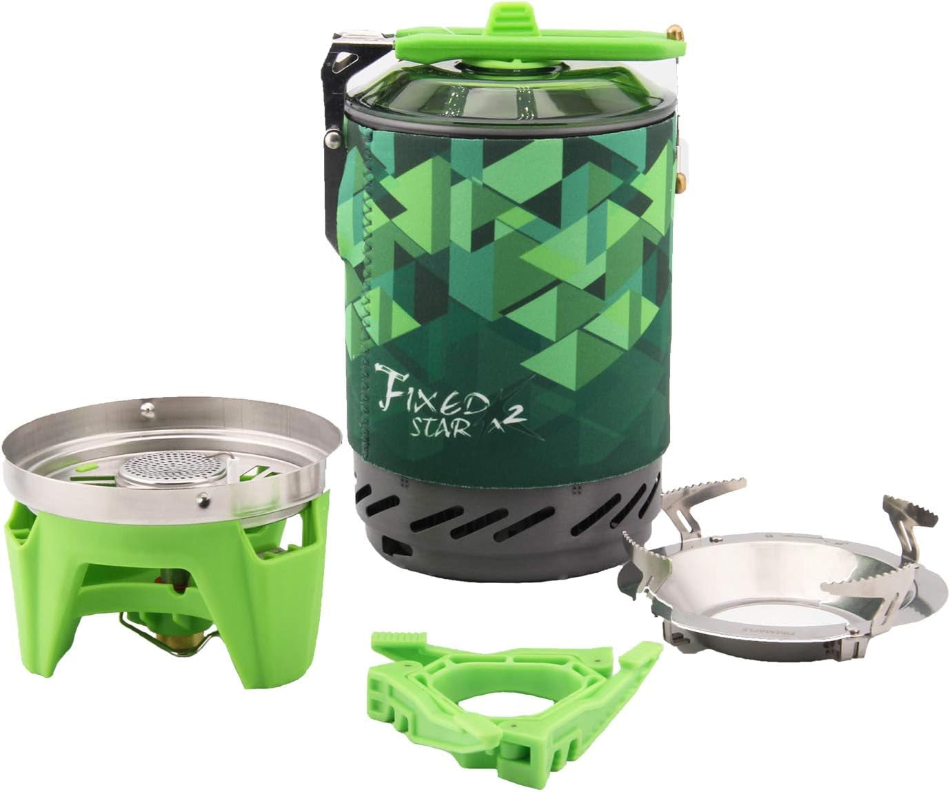 Fire Maple FMS-X2 X3 Compact One-Piece Camping Stove Heat Exchanger Pot Camping Equipment Set Flash Personal Cooking System (Star-2，Green)