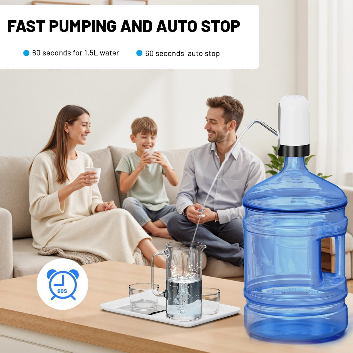 Water Dispenser for 5 Gallon Bottle,Portable USB Charging Electric Water Pump, Drinking Water Jug Pump for Home, Kitchen, Living Room, Office,Camping,Universal for 3-5 Gallon (White)