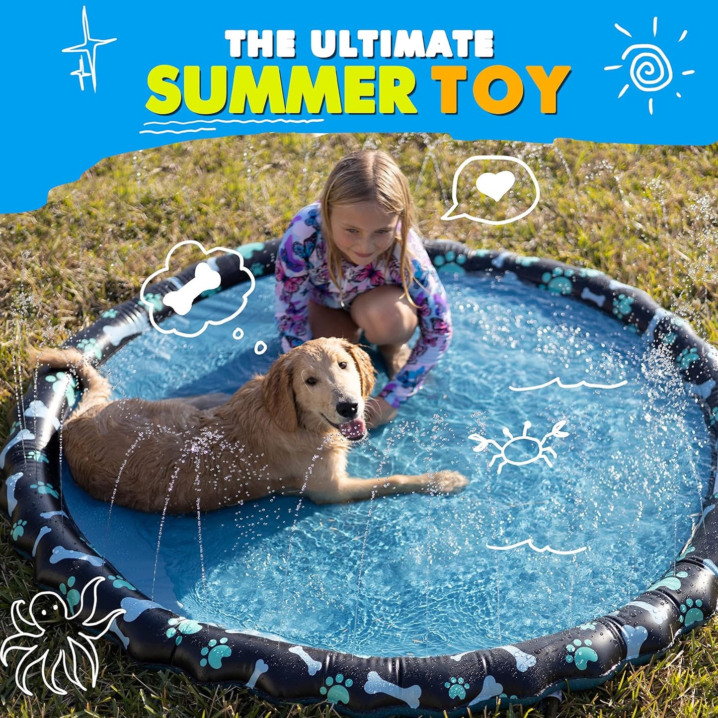 Non Slip Splash Pad for Kids & Dogs, 69’’ Extra Large Splash Pad Sprinkler for Kids, Dog Water Summer Toys - Great Outdoor Toys for Toddlers 1-3 & Children Ages 4-8, Baby Pool for Backyard