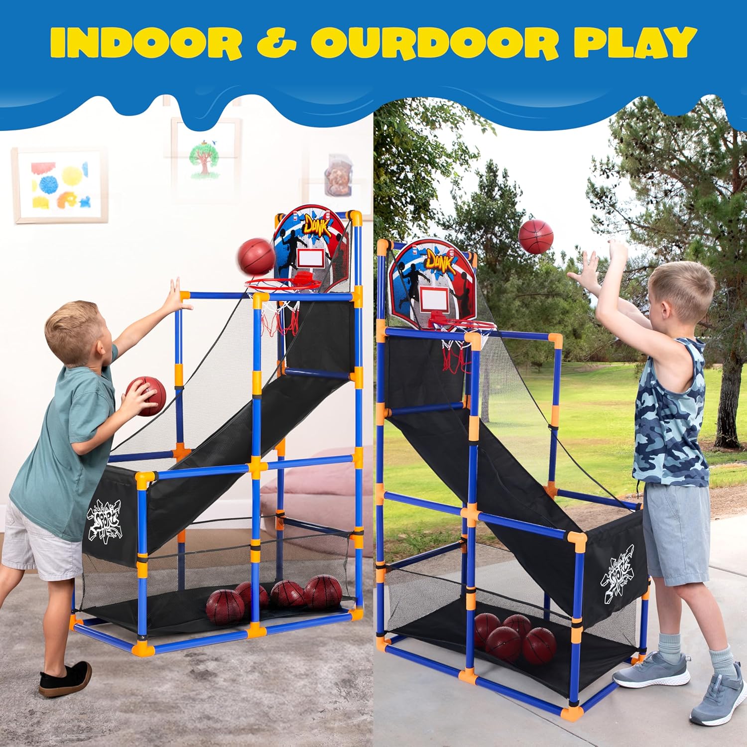 Arcade Basketball Game Set with 4 Balls and Hoop for Kids 3 to 12 Years Old Indoor Outdoor Sport Play - Easy Set up - Air Pump Included - Ideal for Competition
