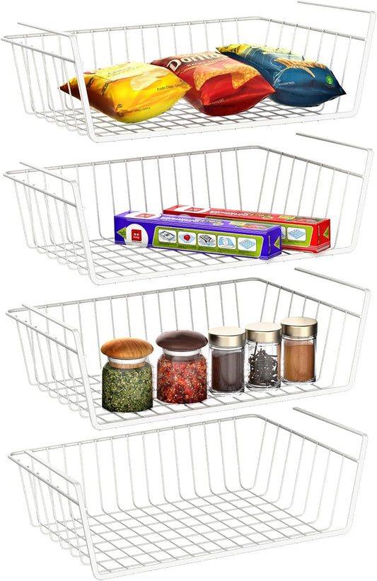 Under Shelf Basket,  4 Pack Storage under Cabinet Shelf Wire Basket, Pantry Organizer, under Cabinet Baskets for Storage, White