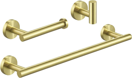 Bathroom Hardware Set SUS 304 Stainless Steel 3-Pieces 16 Inch Towel Bar Toilet Paper Holder Towel Hook Brushed Gold Finish, LA20BZ-32
