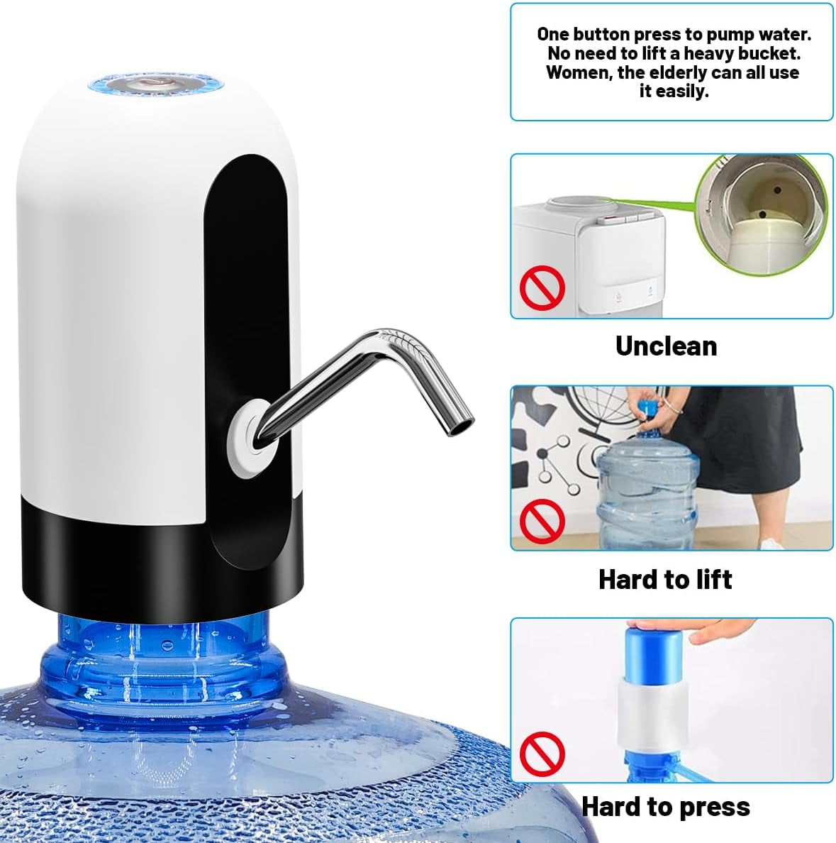 Water Dispenser for 5 Gallon Bottle,Portable USB Charging Electric Water Pump, Drinking Water Jug Pump for Home, Kitchen, Living Room, Office,Camping,Universal for 3-5 Gallon (White)