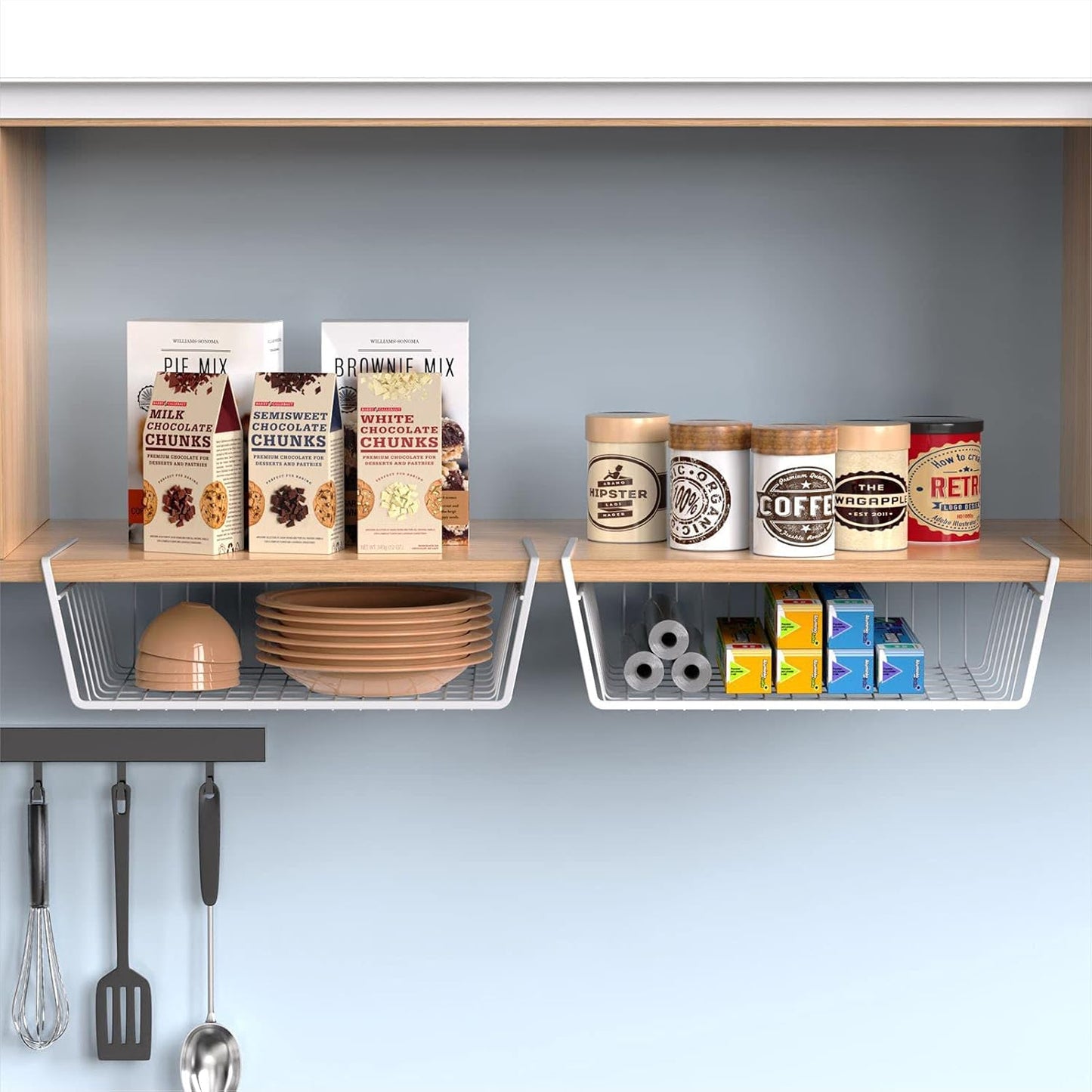 Under Shelf Basket,  4 Pack Storage under Cabinet Shelf Wire Basket, Pantry Organizer, under Cabinet Baskets for Storage, White