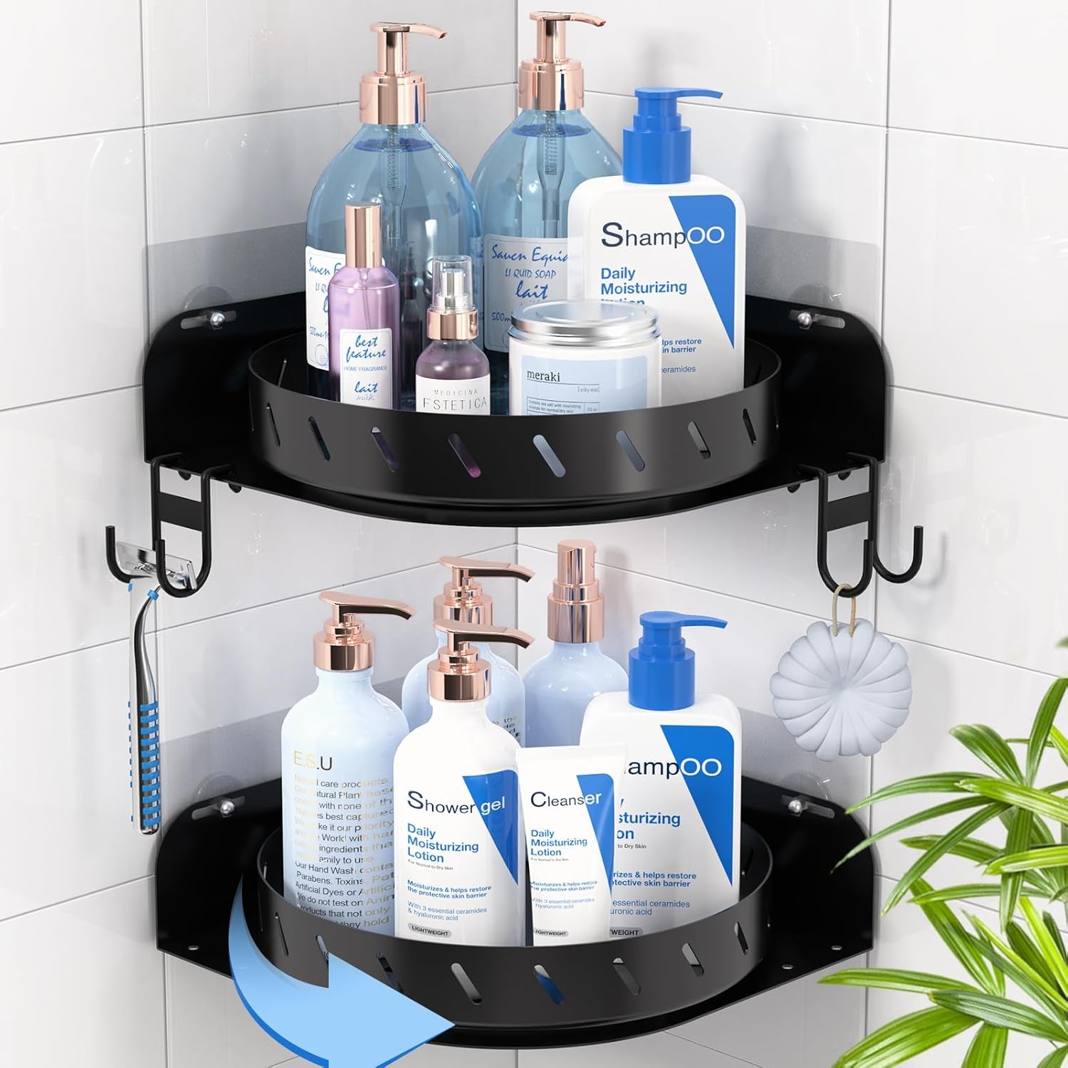 360°Rotating Corner Shower Caddy Shelf with 6 Hooks,2Pack Bathroom Lazy Susan Shower Organizer Corner with 5Pcs Adhesive,Stainless Steel Shower Racks for inside Shower for Home Apartment Decor(Black）