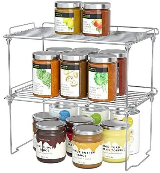 Spice Shelf Organizer for Cabinet, Safety Guardrail Stackable Shelves Kitchen Cabinet Organizers,Stainless Steel Spice Rack Cabinet Shelf Organizers for Kicthen,Storage Room-Sliver (2 Pack)