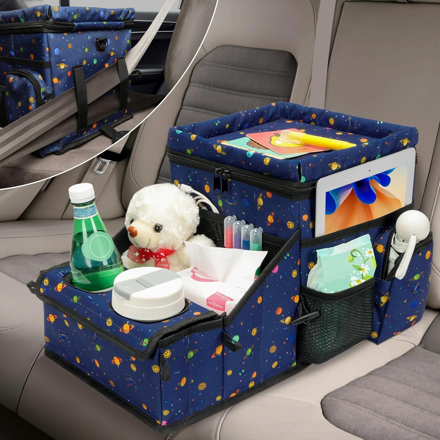 Car Seat Organizer, Backseat Car Organizer with Cup Holder Tray and Storages for Kids and Adults, Portable Travel Cooler for Car for Front or Back Seat Passenger Organizer Ccompartment (Blue)