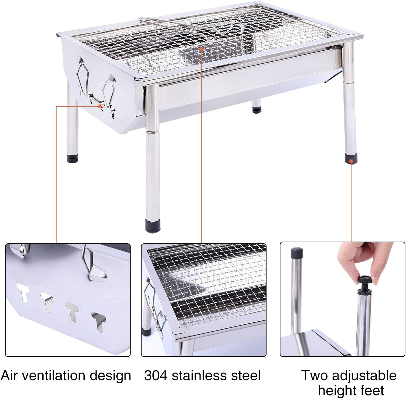 Foldable Charcoal Grill Barbecue, Portable Stainless Steel BBQ Grill Small Camping Grill for Outdoor Picnic Camping Cooking