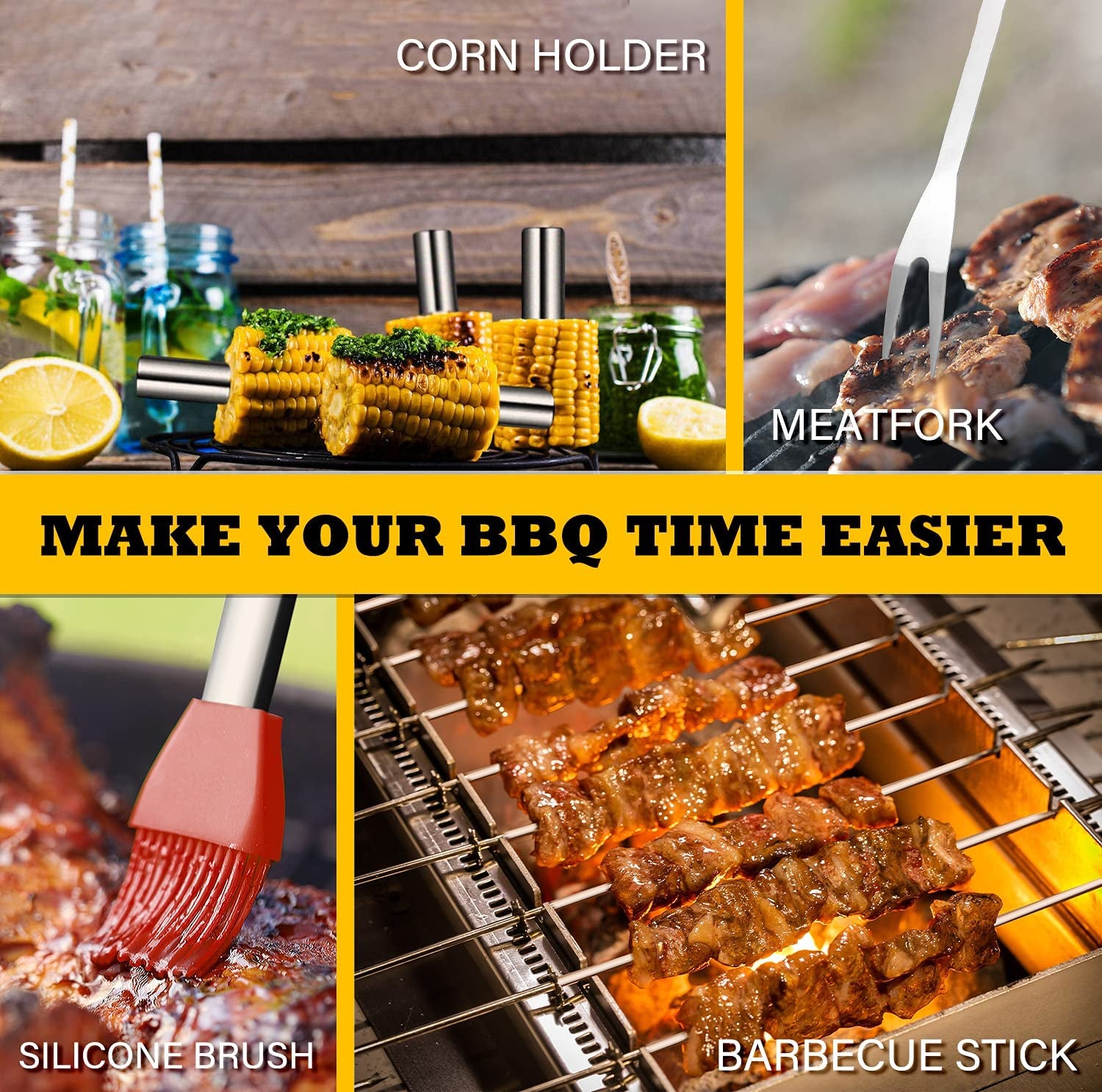 25 Pcs 14” Standard BBQ Grill Set with 4-In-1 Spatula, Wire Cleaning Brush, Grilling Fork, Straws. Premium Heavy-Duty Grill Accessories Gift and Utensils Bundle