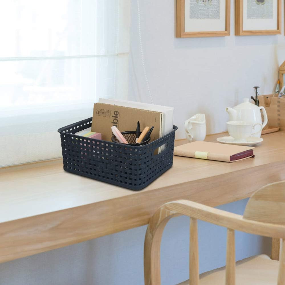 Plastic Weave Storage Baskets for Kitchen Bathroom, Navy Blue, 6 Packs