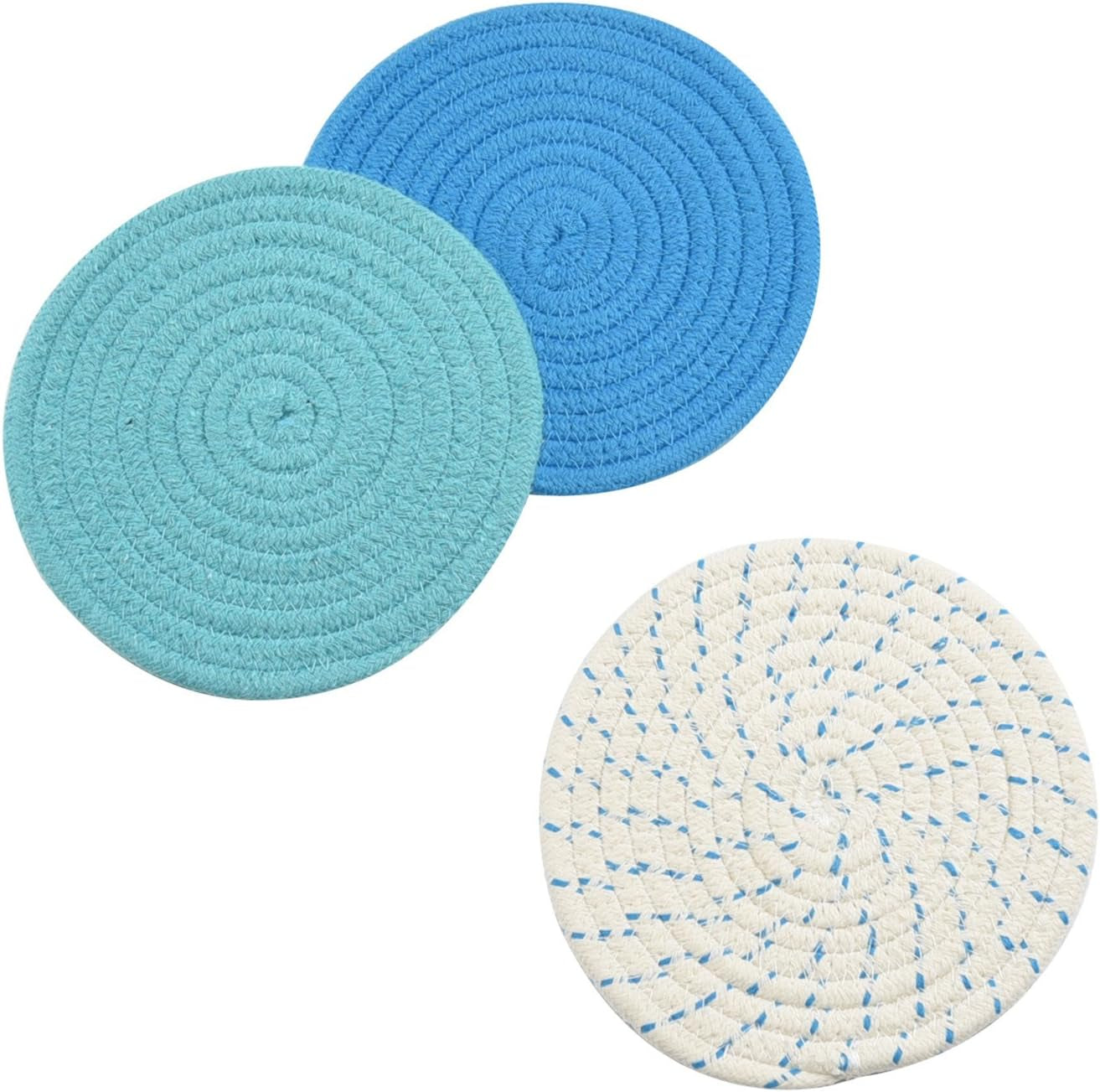 Kitchen Pot Holders Set Trivets Set 100% Pure Cotton Thread Weave Hot Pot Holders Set (Set of 3) Stylish Coasters, Hot Pads, Hot Mats, Spoon Rest for Cooking and Baking by Diameter 7 Inches (Blue)