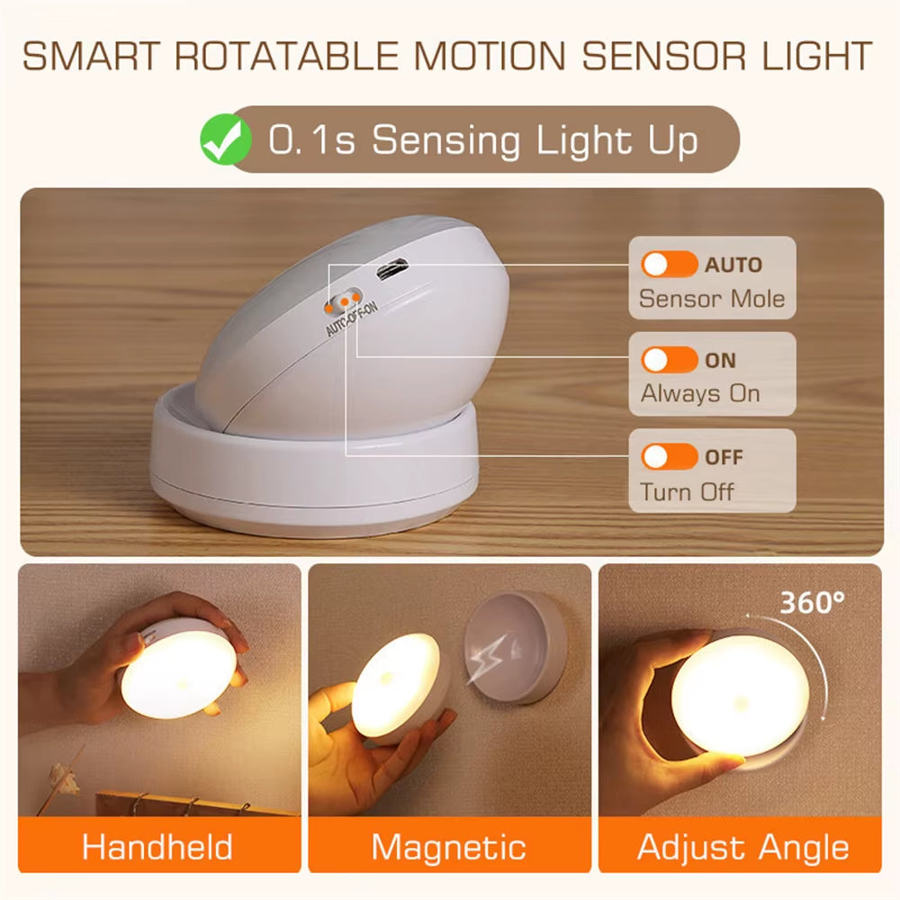 360 Rotated PIR Motion Sensor LED Night Light Wall Lamps Rechargeable under Cabinet Light Wireless Closet Night Lamp
