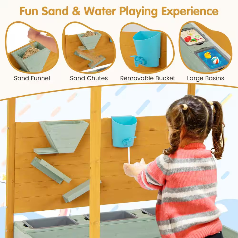 Kids Sandbox with Sand Wall Detachable Canopy Bottom Liner Water Bucket Outdoor